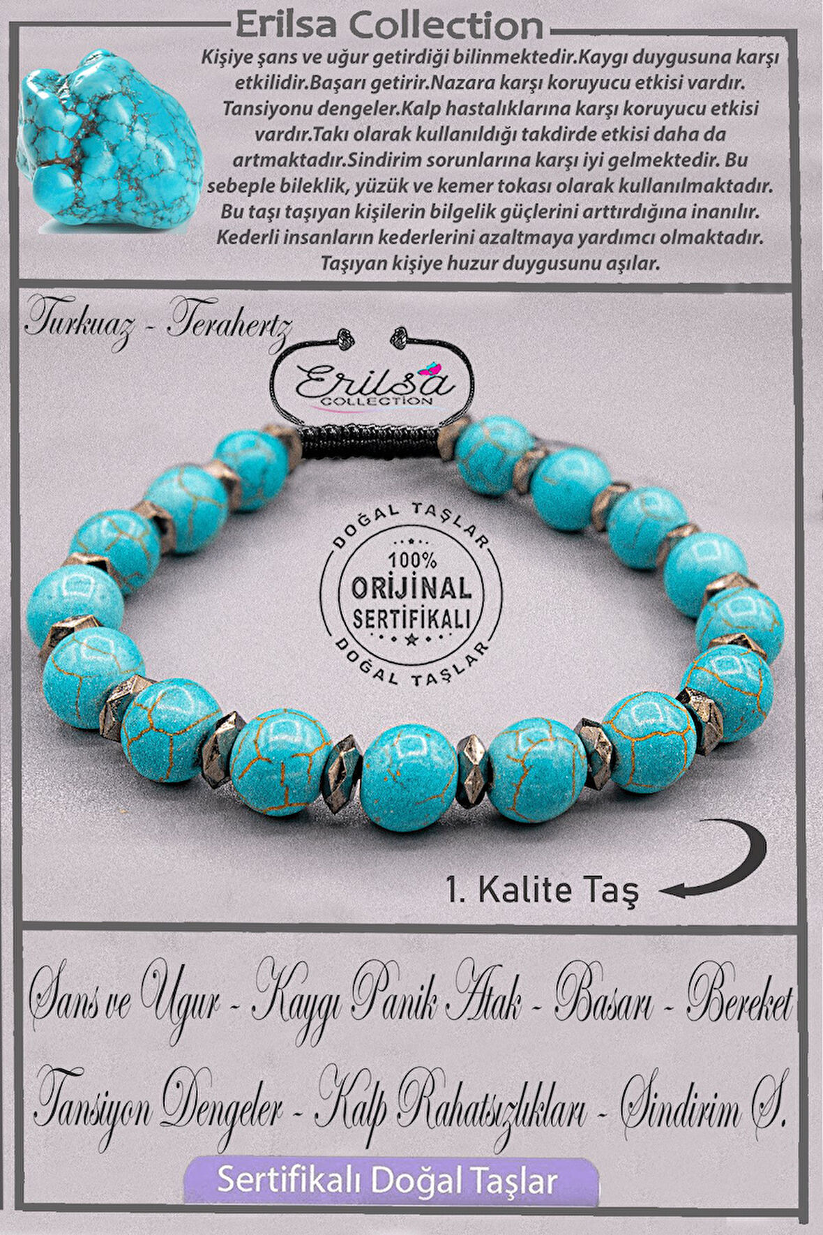 Sertifikalı AAA+ Kalite Terahertz - Firuze Taşı Bileklik (Turkuaz)