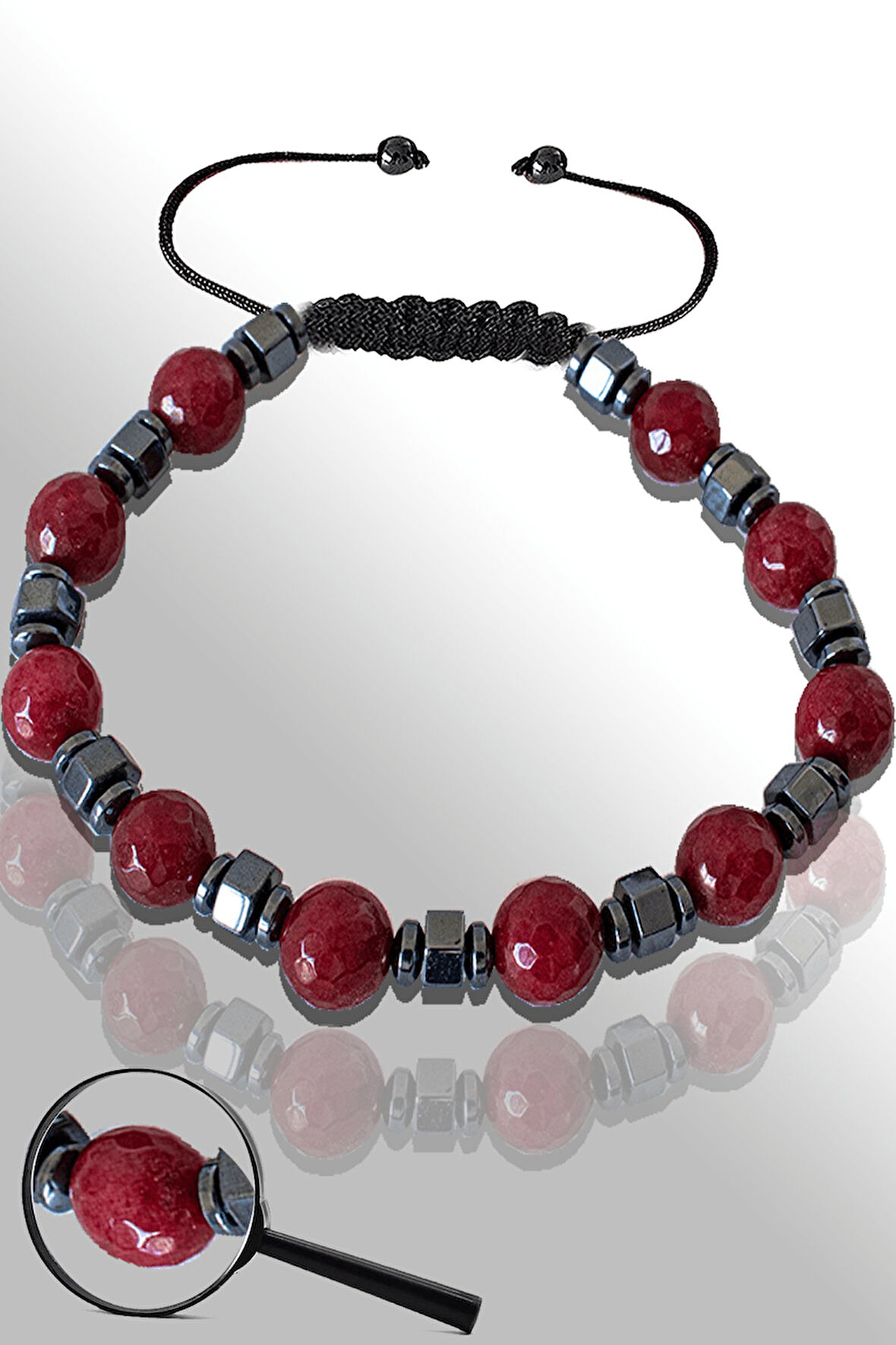 Sertifikalı Hematitli Doğal Fasetli Kırmızı Akik Taşı Bileklik - Ayarlamalı
