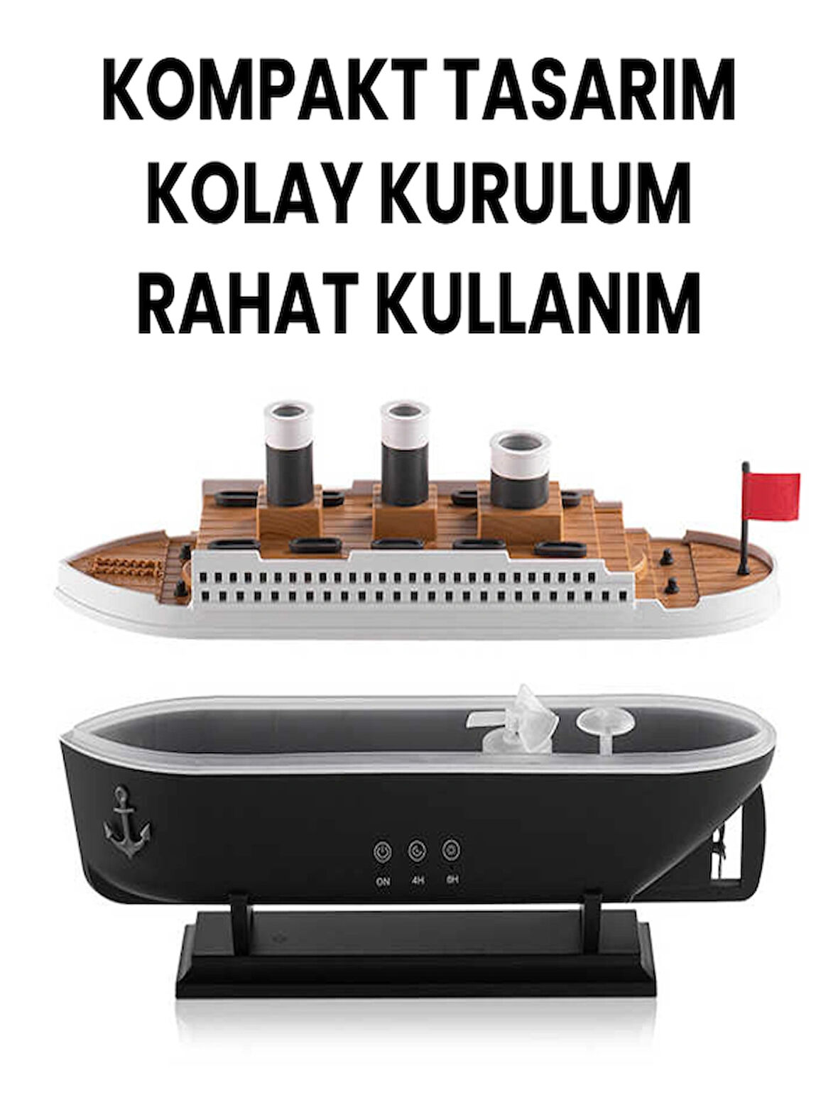 Gemi Tasarımlı Aromaterapi Difüzör & Nemlendirici - Denizanası Buhar Efekti, LED Işık ve Uzaktan Kumandalı