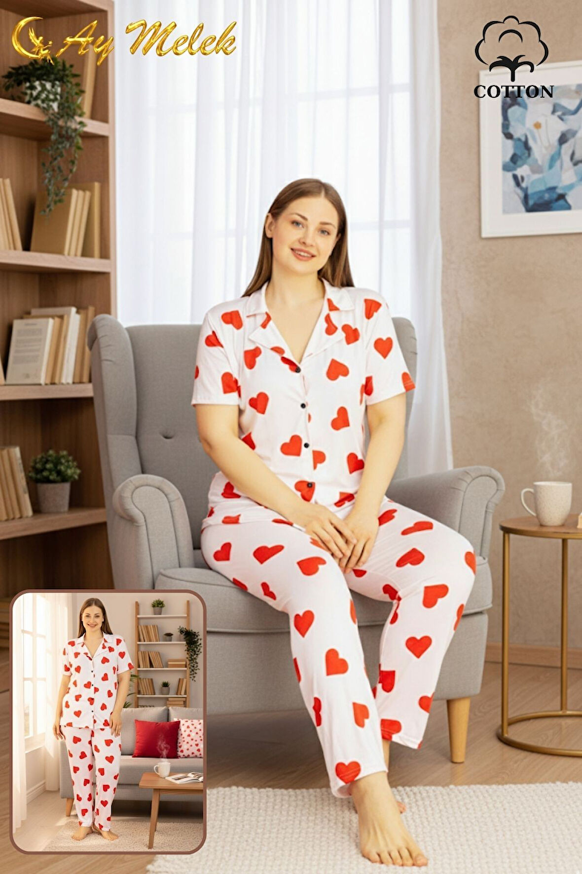 Kadın Pijama Takımı Pamuklu Geniş Beden Gömlek ve Pijama Seti (Battal Boy)