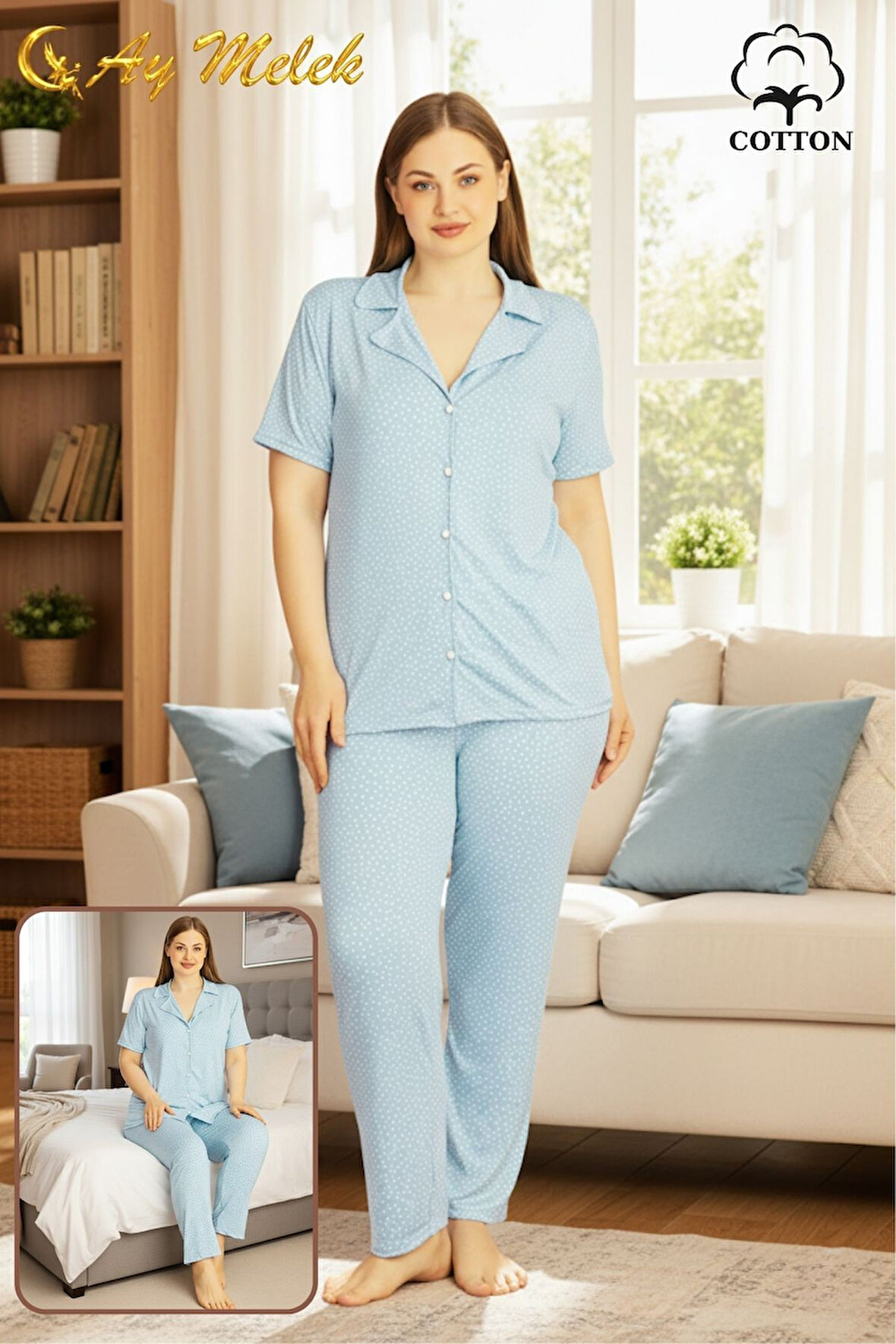 Kadın Pijama Takımı Pamuklu Geniş Beden Gömlek ve Pijama Seti (Battal Boy)