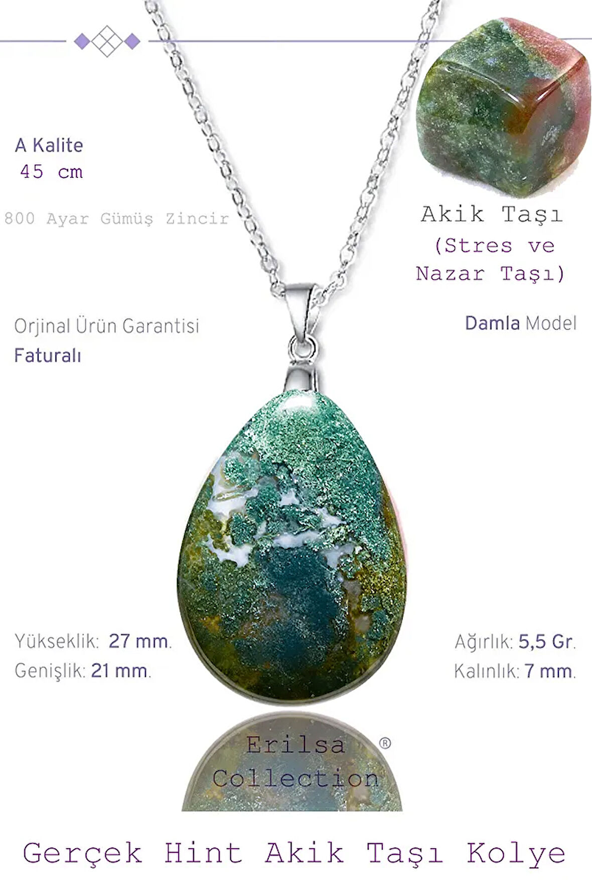 Sertifikalı Damla Model Yosunlu Hint Akik Taşı Kolye (GÜMÜŞ APARATLI)