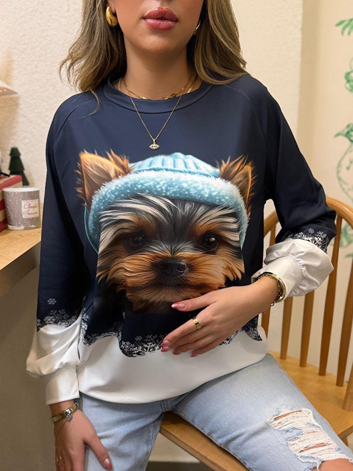 GETİCARET Kadın Uzun Kollu Bisiklet Yaka Köpek Baskılı şardonlu Dalgıç Bluz