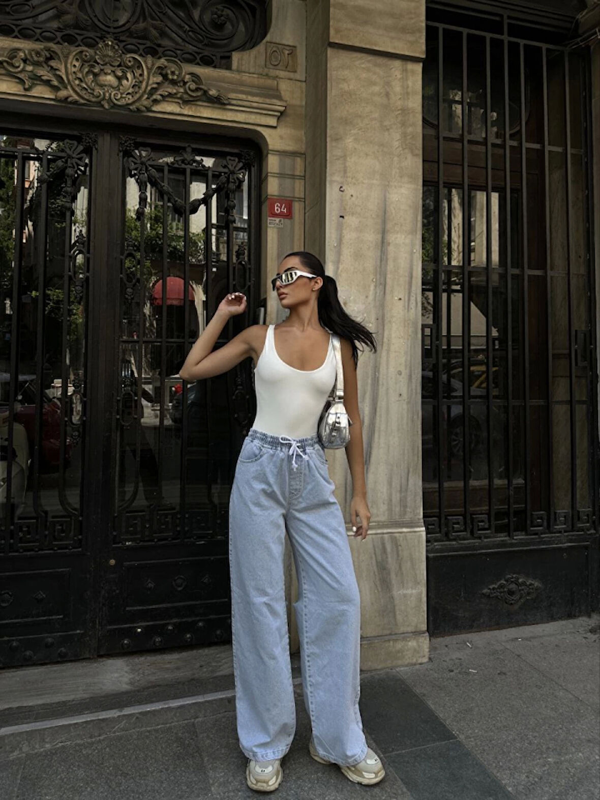 GETİCARET Arkadan Yırtmaçlı Jeans Kot Palazzo Pantolon - Mavi