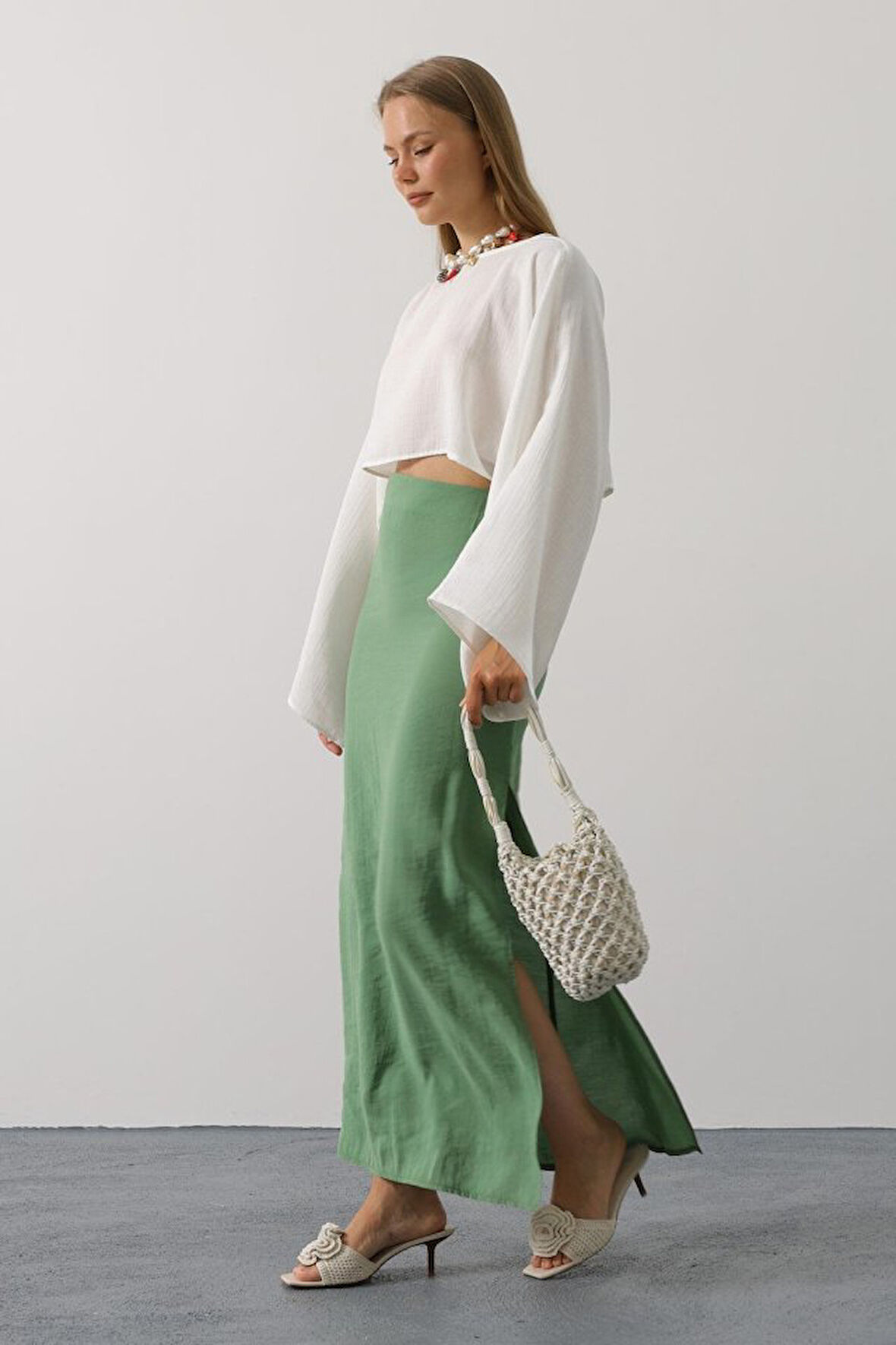 GETİCARET YARASA KOLLU CROP BLUZ - Beyaz