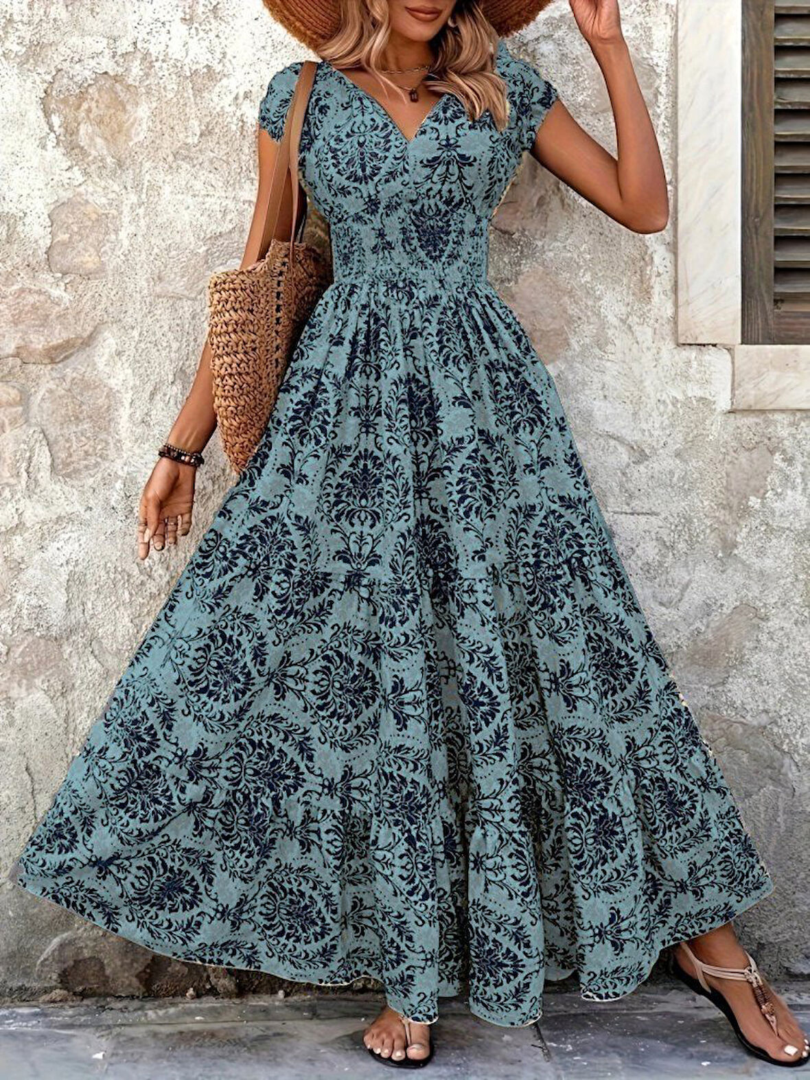 GETİCARET Kadın Kısa Kollu Kruvaze Yaka Beli Lastikli Süprem Maksi Boy Elbise