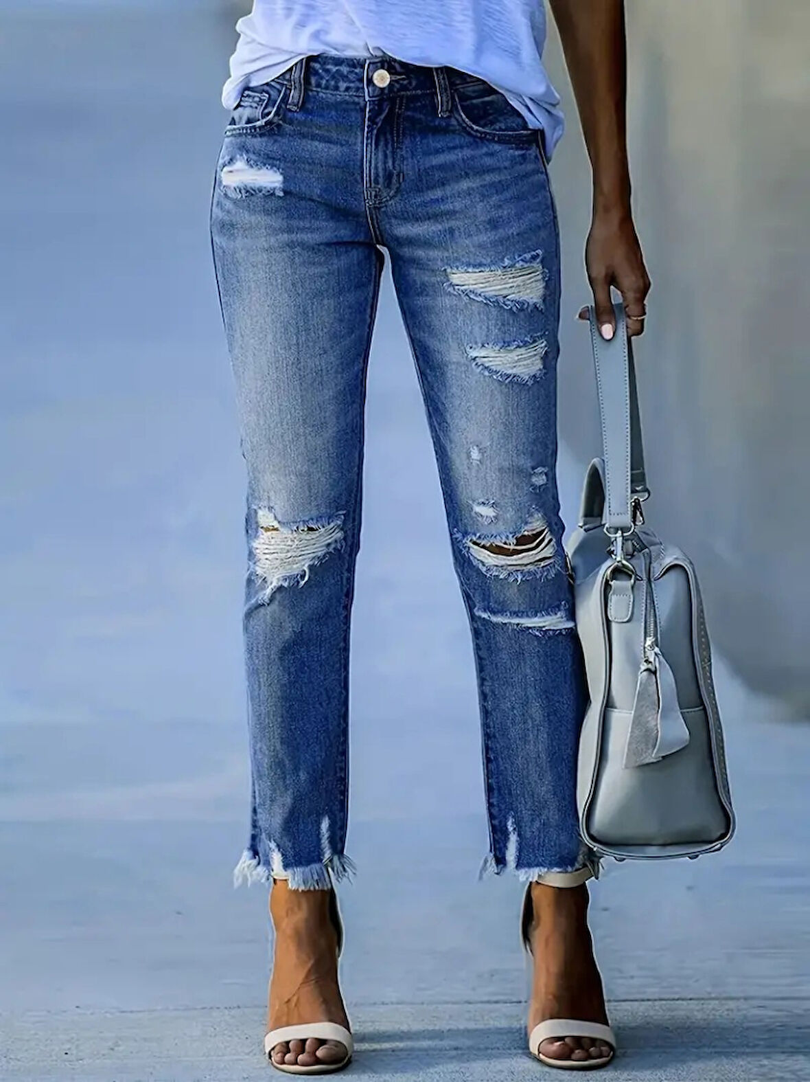GETİCARET Kadın Dar Kesim Cepli önden Yırtık Desenli Denim Pantolon