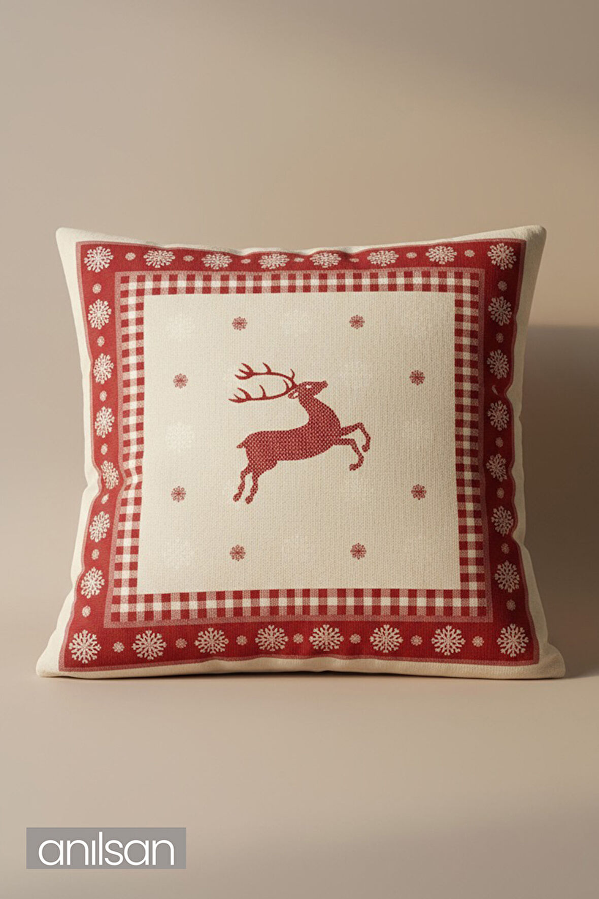 Geyik Desenli Çift Taraflı Kırlent Kılıfı - 45x45 cm Yılbaşı Dekoratif 
