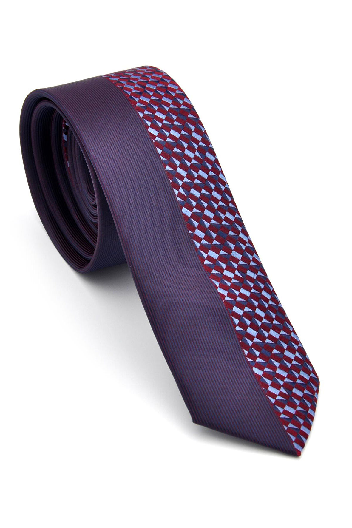 Bordo ve Lacivert Pano Desenli Dokuma Kumaş Slim Fit Kravat // KPK009