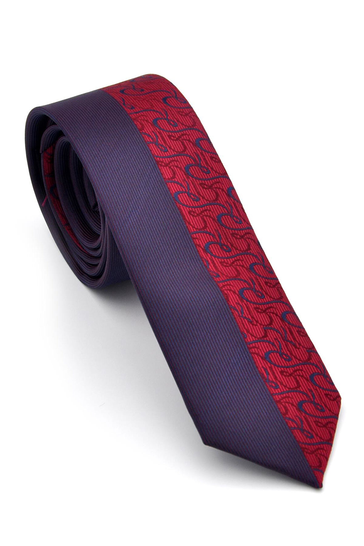 Bordo ve Lacivert Pano Desenli Dokuma Kumaş Slim Fit Kravat // KPK011