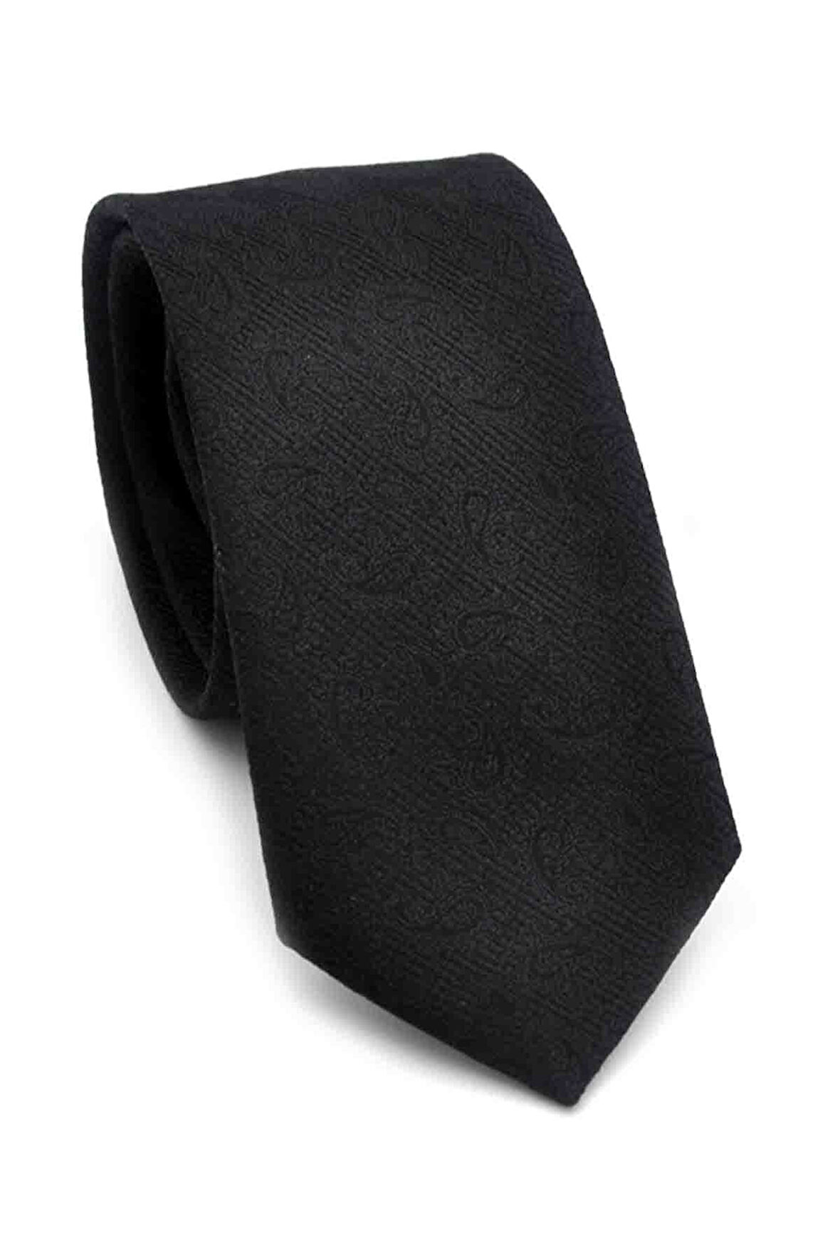 Siyah Şal Desenli Dokuma Kumaş Mendilli Slim Fit Kravat // SDK-250201