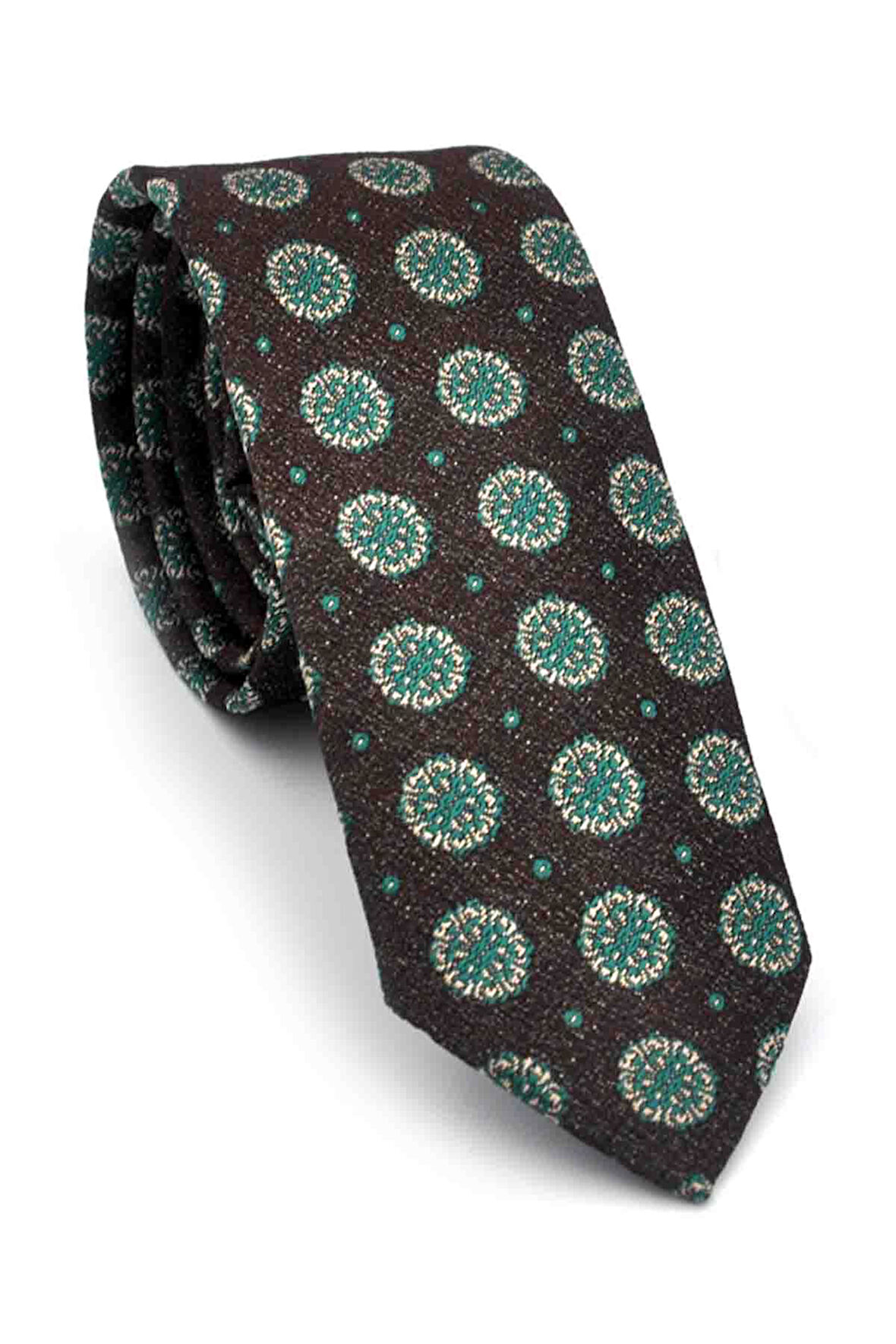 Yeşil Bej Yuvarlak Desenli Kahverengi Dokuma Kumaş Mendilli Slim Fit Kravat // SDK-250206