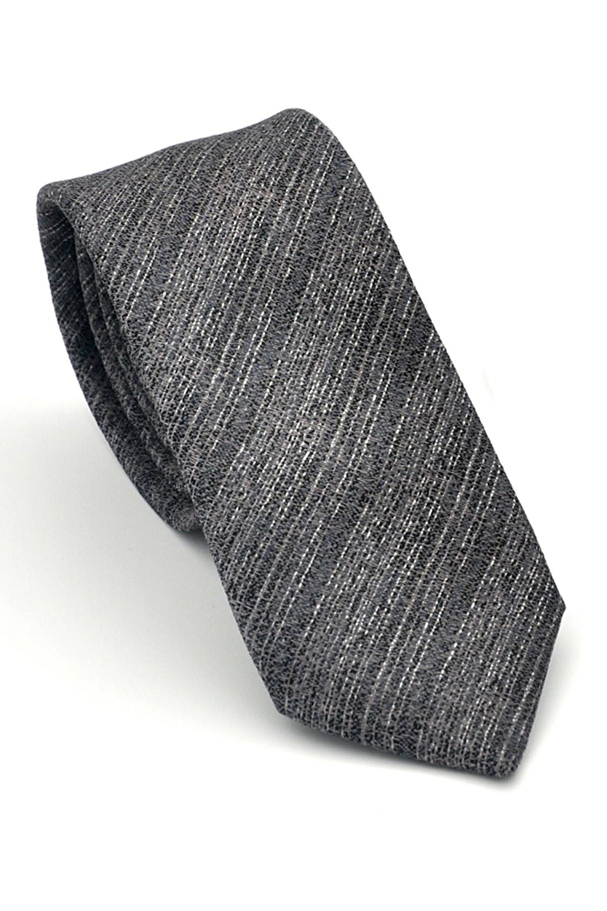 Gri Kırcıllı Desenli Füme Dokuma Kumaş Mendilli Slim Fit Kravat // SDK-2501-3