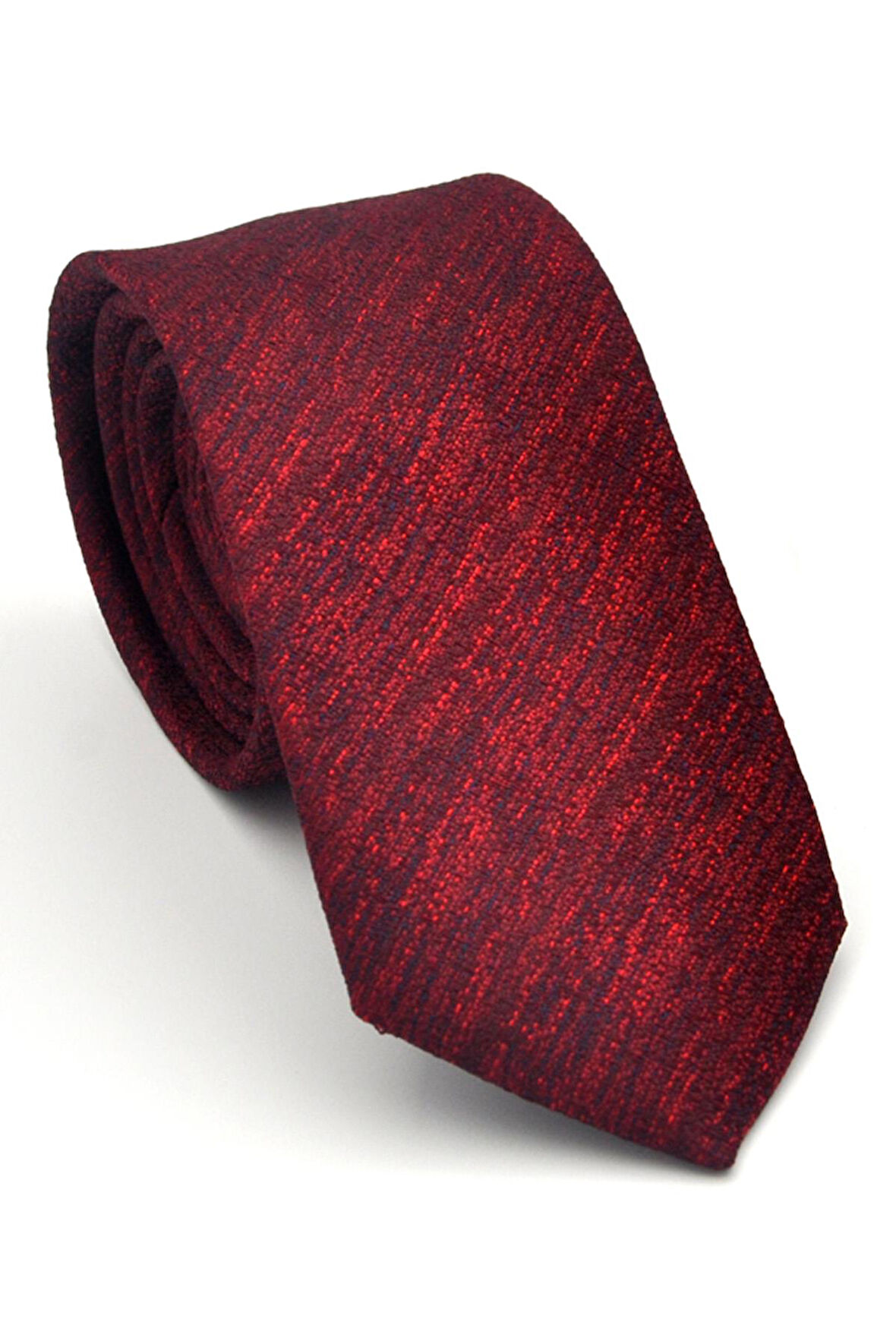 Kırmızı Kırcıllı Desenli Bordo Dokuma Kumaş Mendilli Slim Fit Kravat // SDK-2501-4