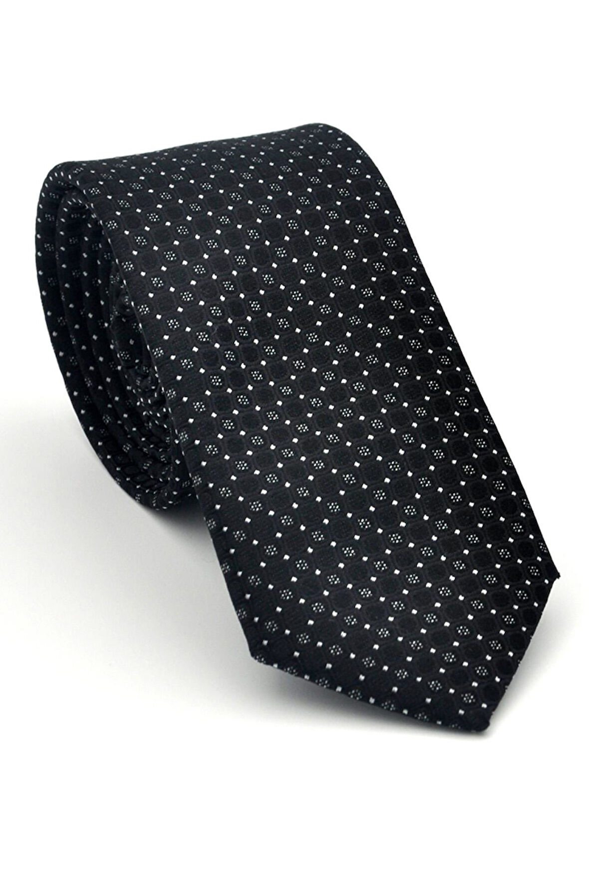 Beyaz Karışık Desenli Siyah Dokuma Kumaş Mendilli Slim Fit Kravat // SDK-2502-1