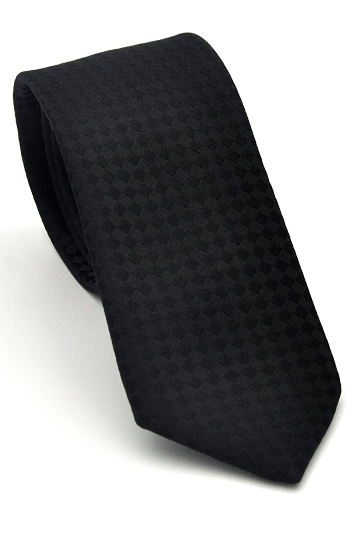 Siyah Piti Kare Desenli Siyah Dokuma Kumaş Mendilli Slim Fit Kravat // SDK-2503-1