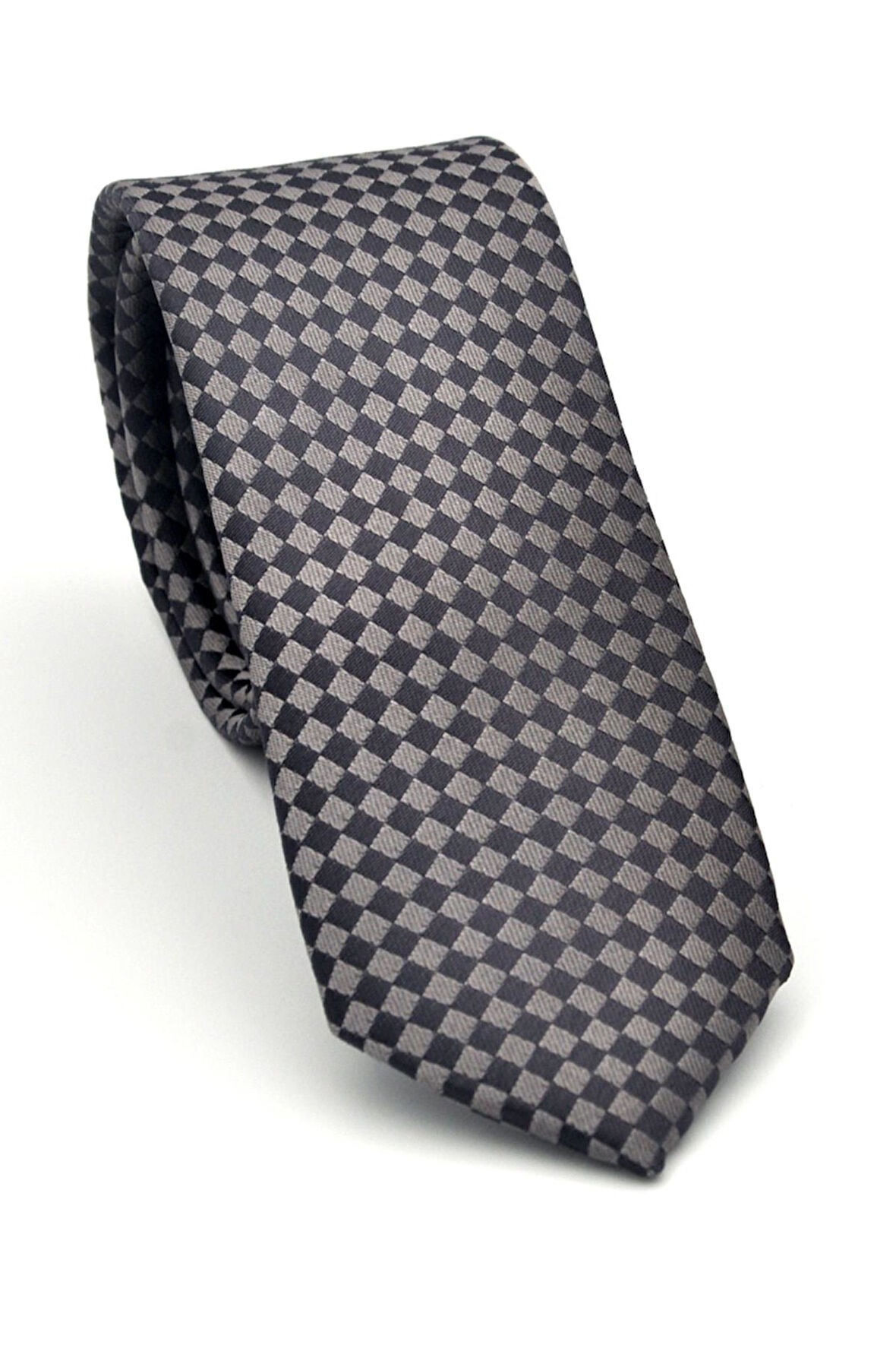 Kahverengi Piti Kare Desenli Vizon Dokuma Kumaş Mendilli Slim Fit Kravat // SDK-2503-3