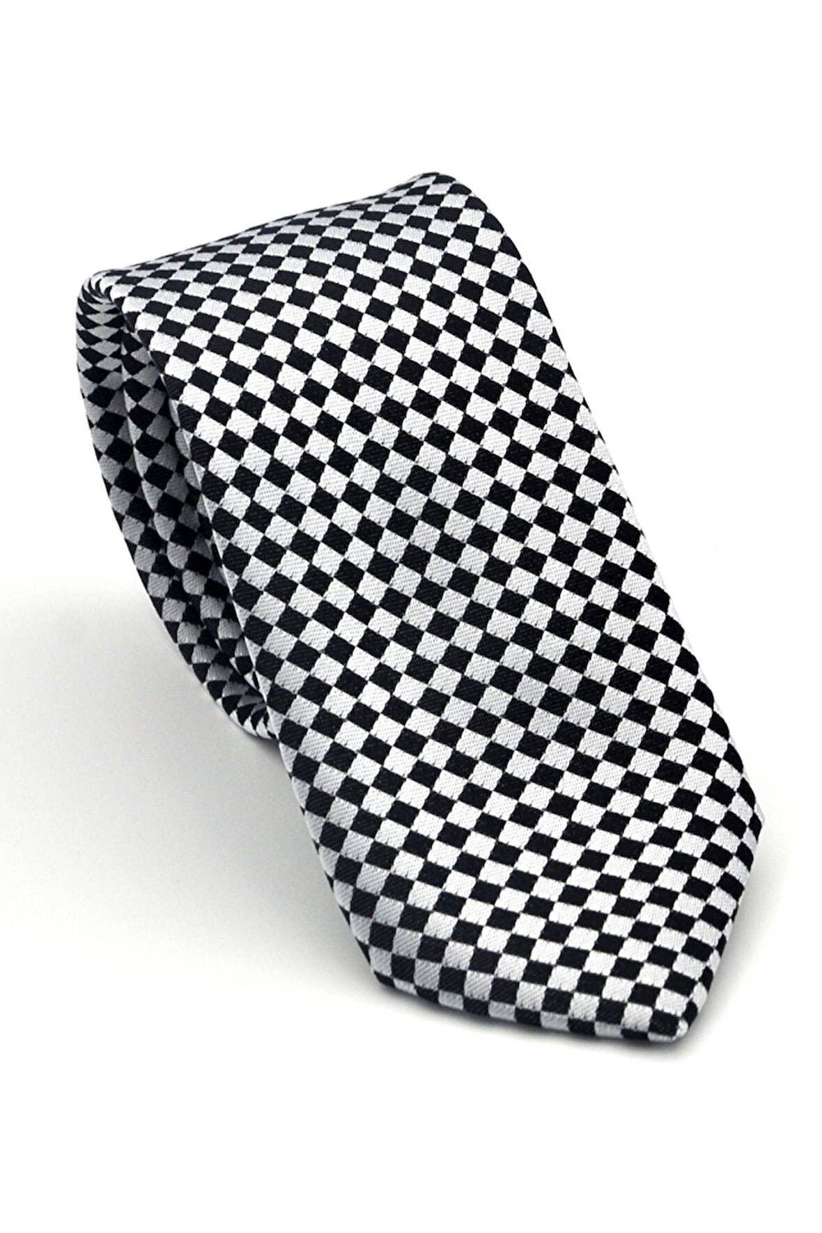 Siyah Piti Kare Desenli Beyaz Dokuma Kumaş Mendilli Slim Fit Kravat // SDK-2503-4