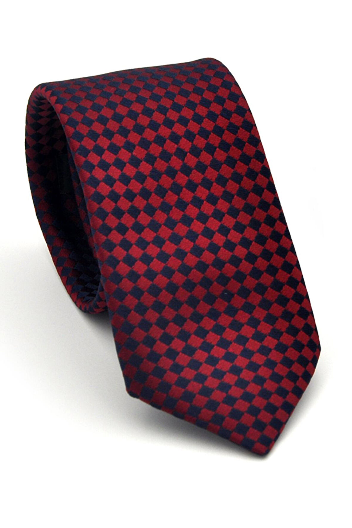 Lacivert Piti Kare Desenli Bordo Dokuma Kumaş Mendilli Slim Fit Kravat // SDK-2503-6