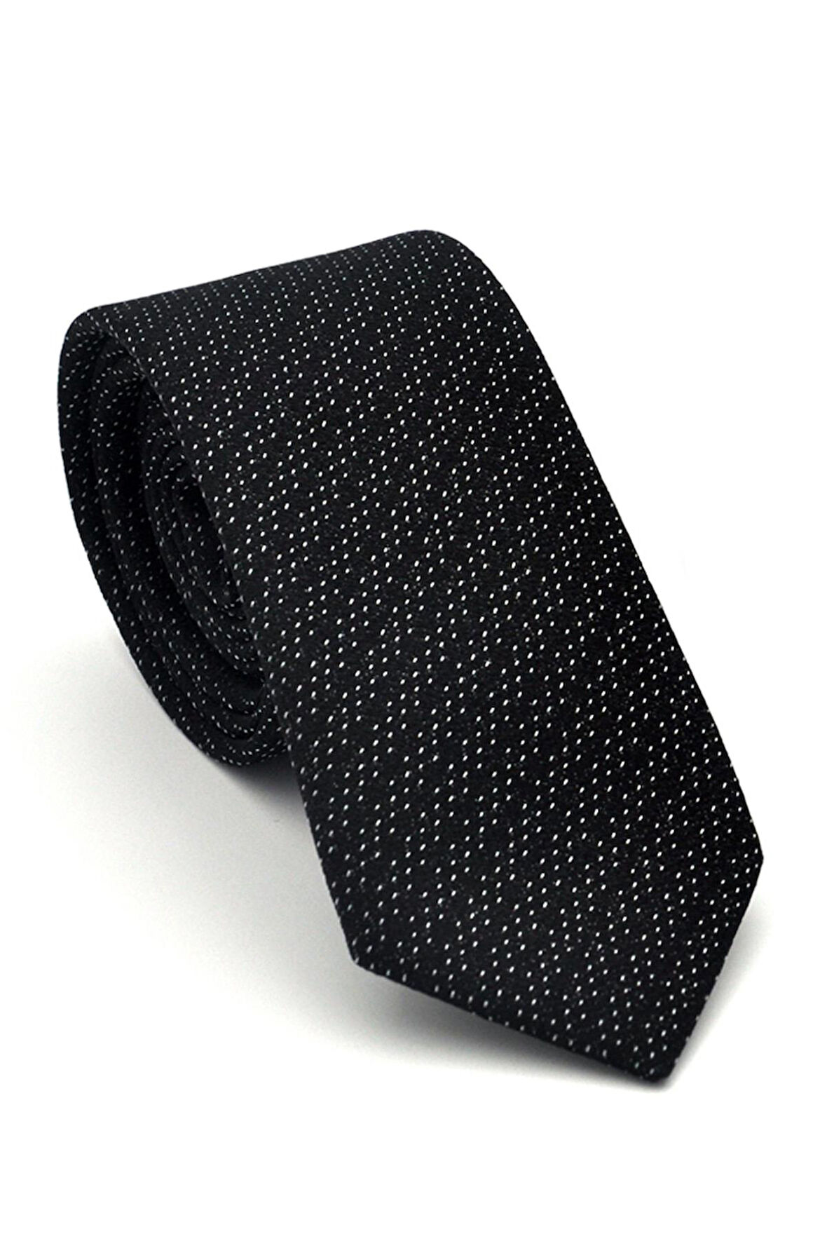 Beyaz Kırcıl Desenli Siyah Dokuma Kumaş Mendilli Slim Fit Kravat // SDK-2504-1