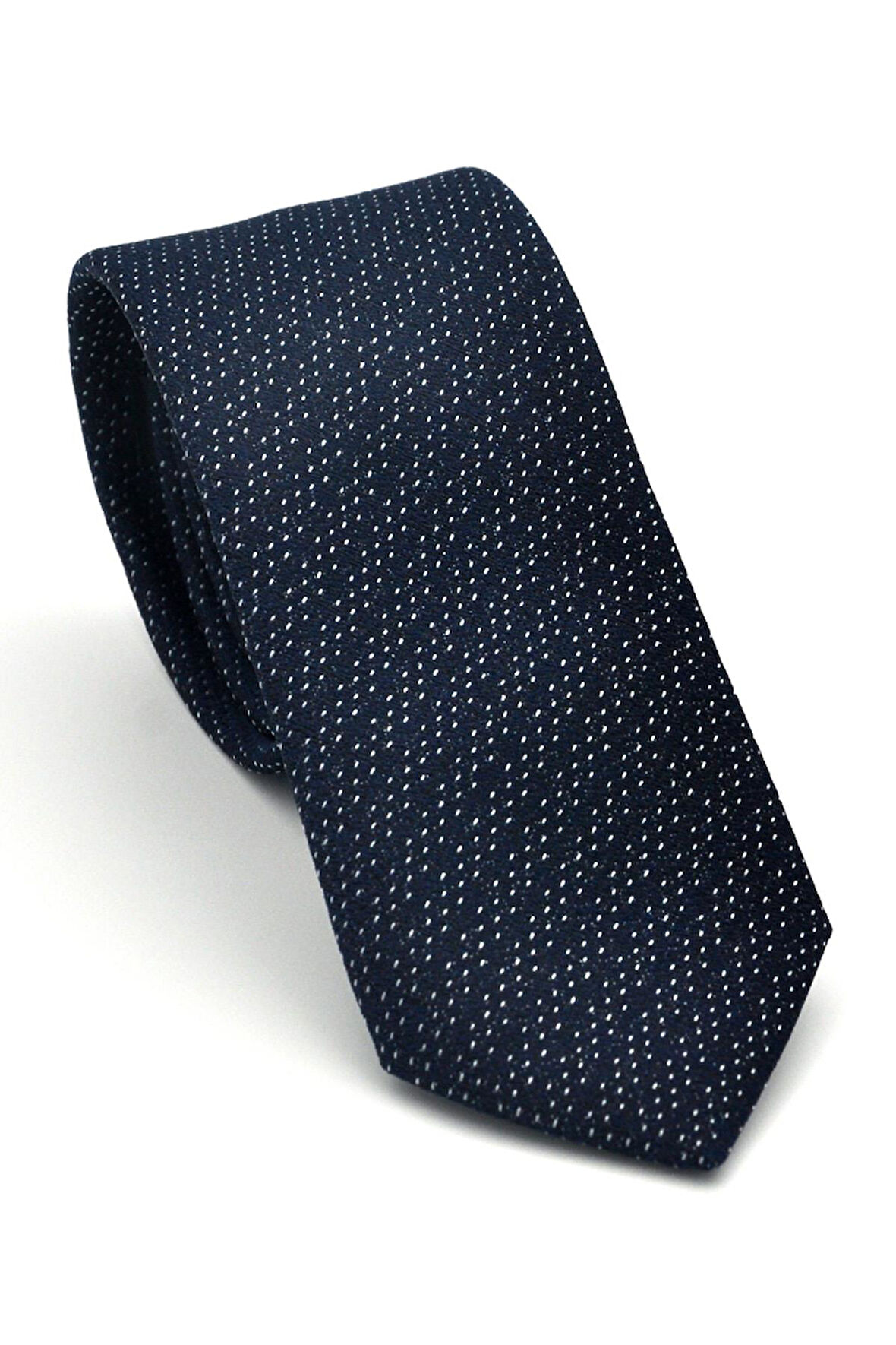 Beyaz Kırcıl Desenli Lacivert Dokuma Kumaş Mendilli Slim Fit Kravat // SDK-2504-2