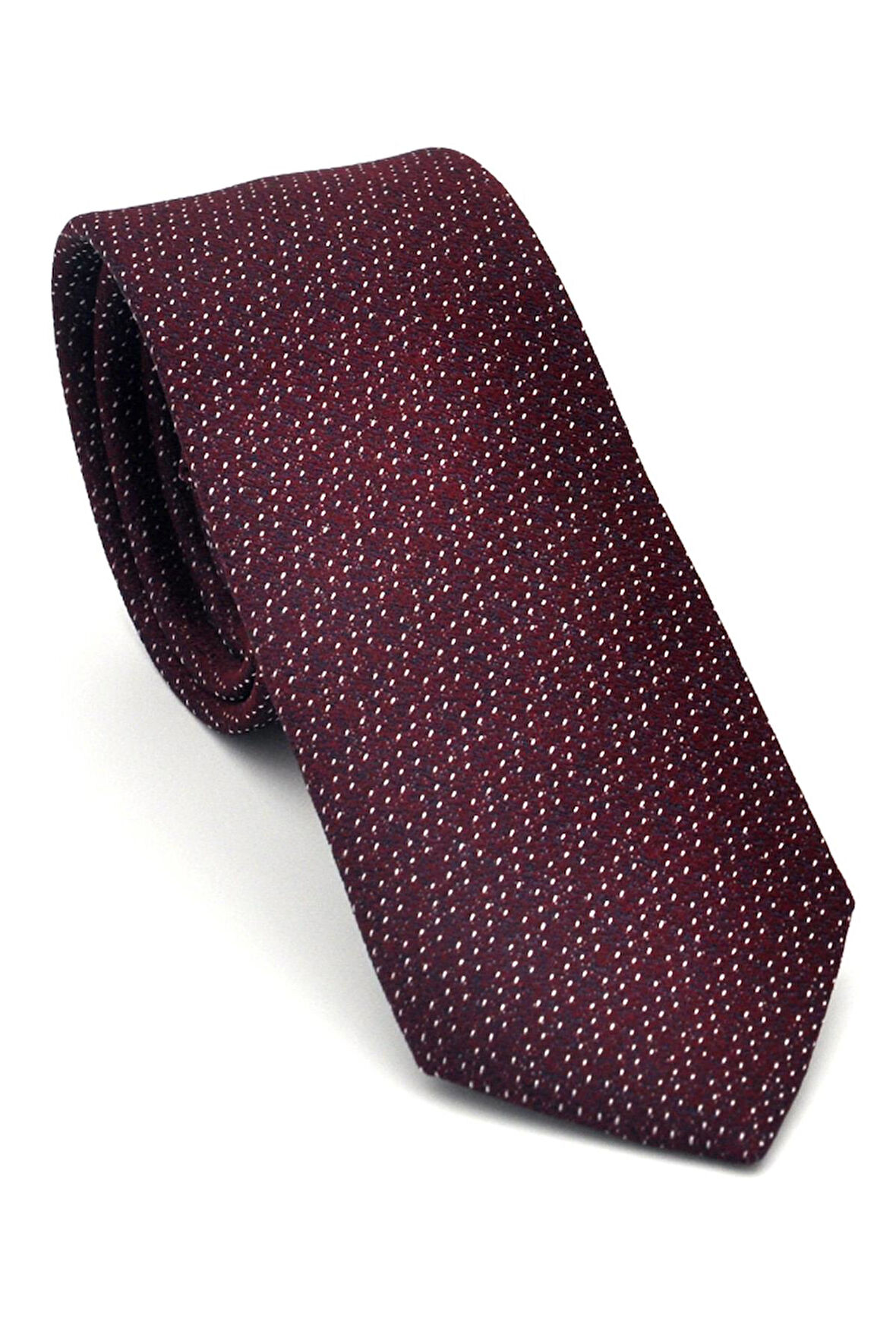 Beyaz Kırcıl Desenli Bordo Dokuma Kumaş Mendilli Slim Fit Kravat // SDK-2504-3