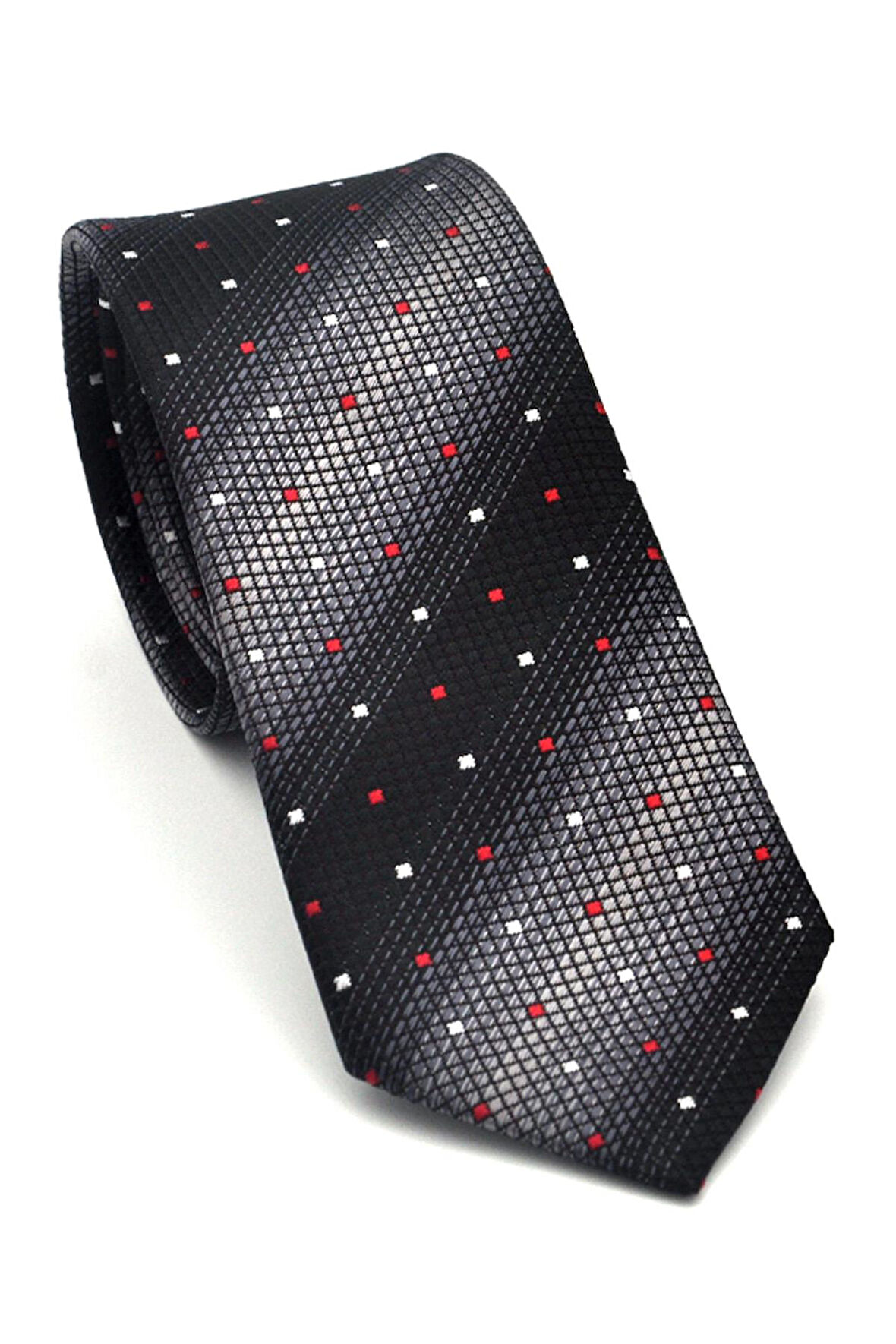 Gri Verev Desenli Siyah Dokuma Kumaş Mendilli Slim Fit Kravat // SDK-2505-1