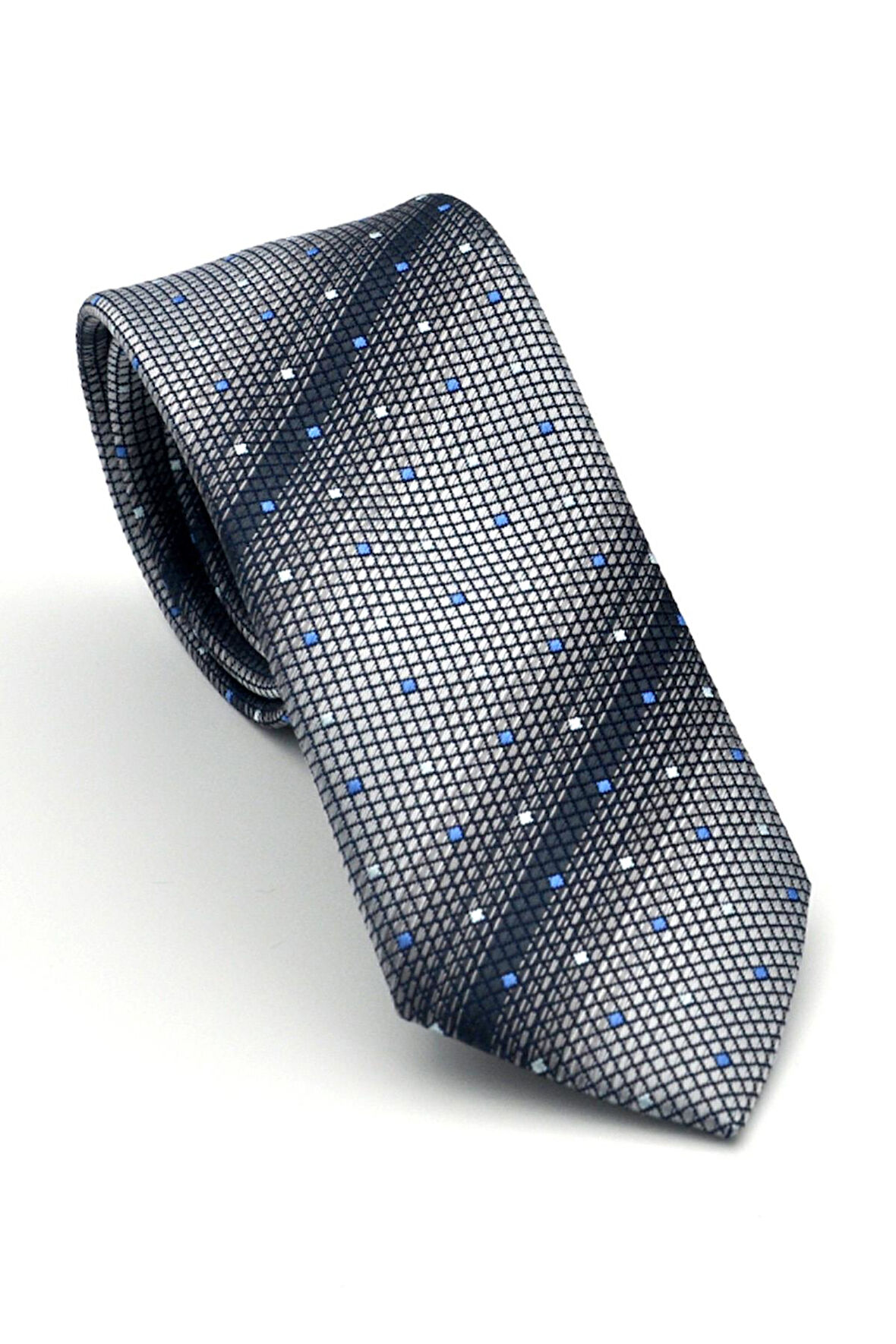 Füme Verev Desenli Gri Dokuma Kumaş Mendilli Slim Fit Kravat // SDK-2505-4