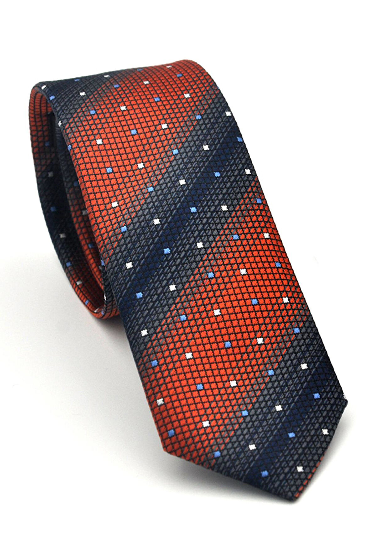 Lacivert Verev Desenli Koyu Turuncu Dokuma Kumaş Mendilli Slim Fit Kravat // SDK-2505-6