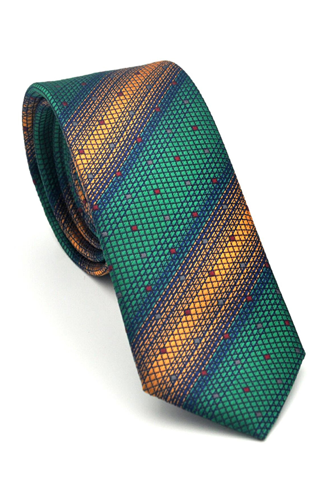 Bej Verev Desenli Zümrüt Yeşil Dokuma Kumaş Mendilli Slim Fit Kravat // SDK-2505-7