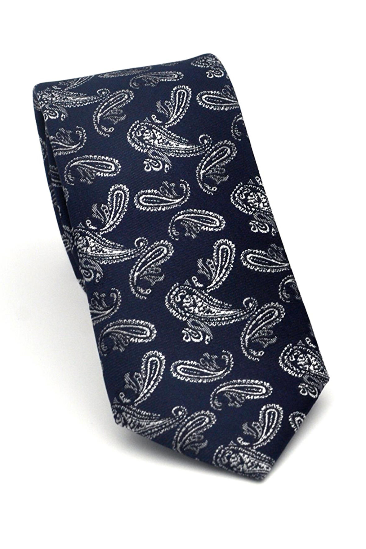 Gri Şal Desenli Lacivert Dokuma Kumaş Mendilli Slim Fit Kravat // SDK-2507-2