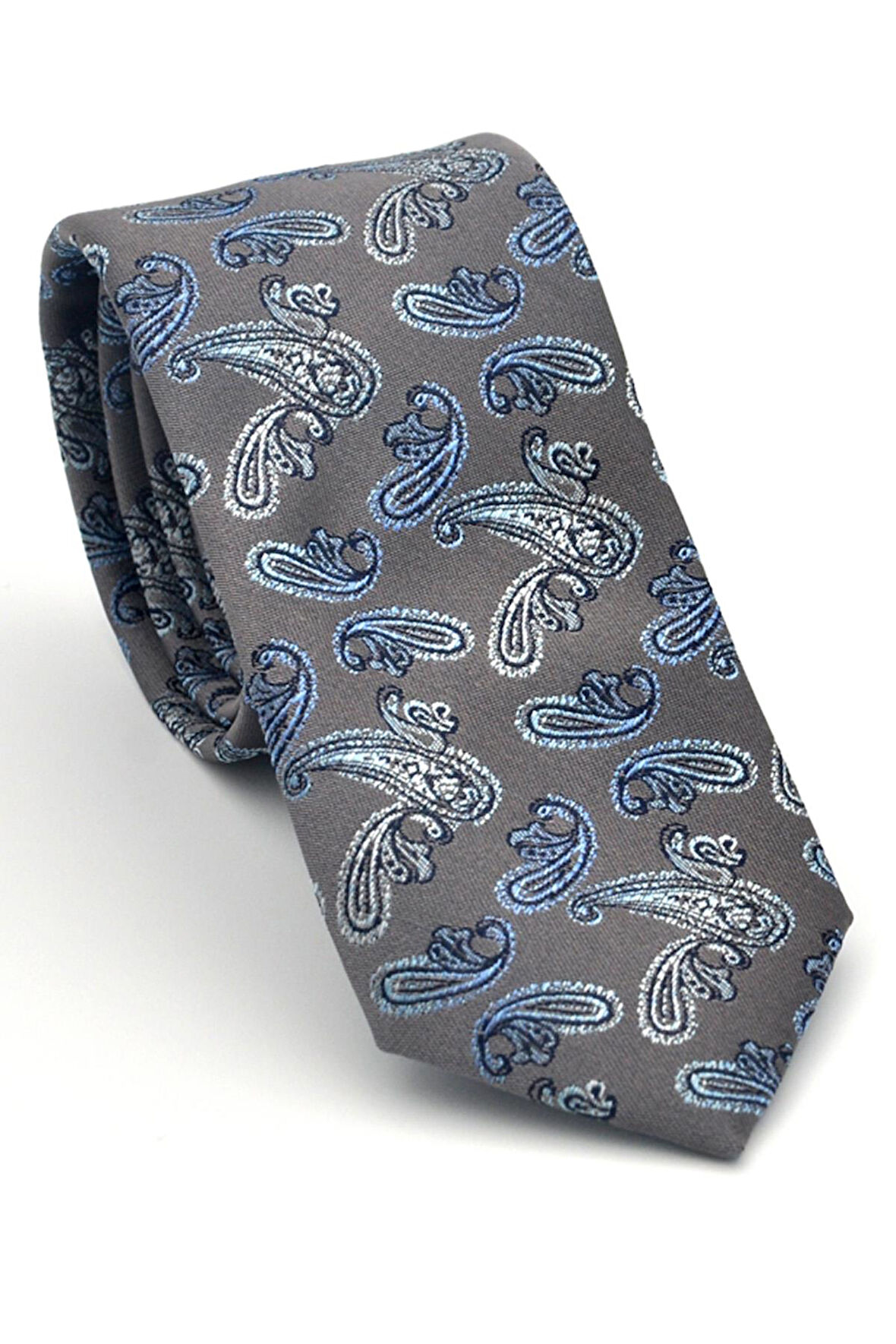 Mavi Şal Desenli Gri Dokuma Kumaş Mendilli Slim Fit Kravat // SDK-2507-4