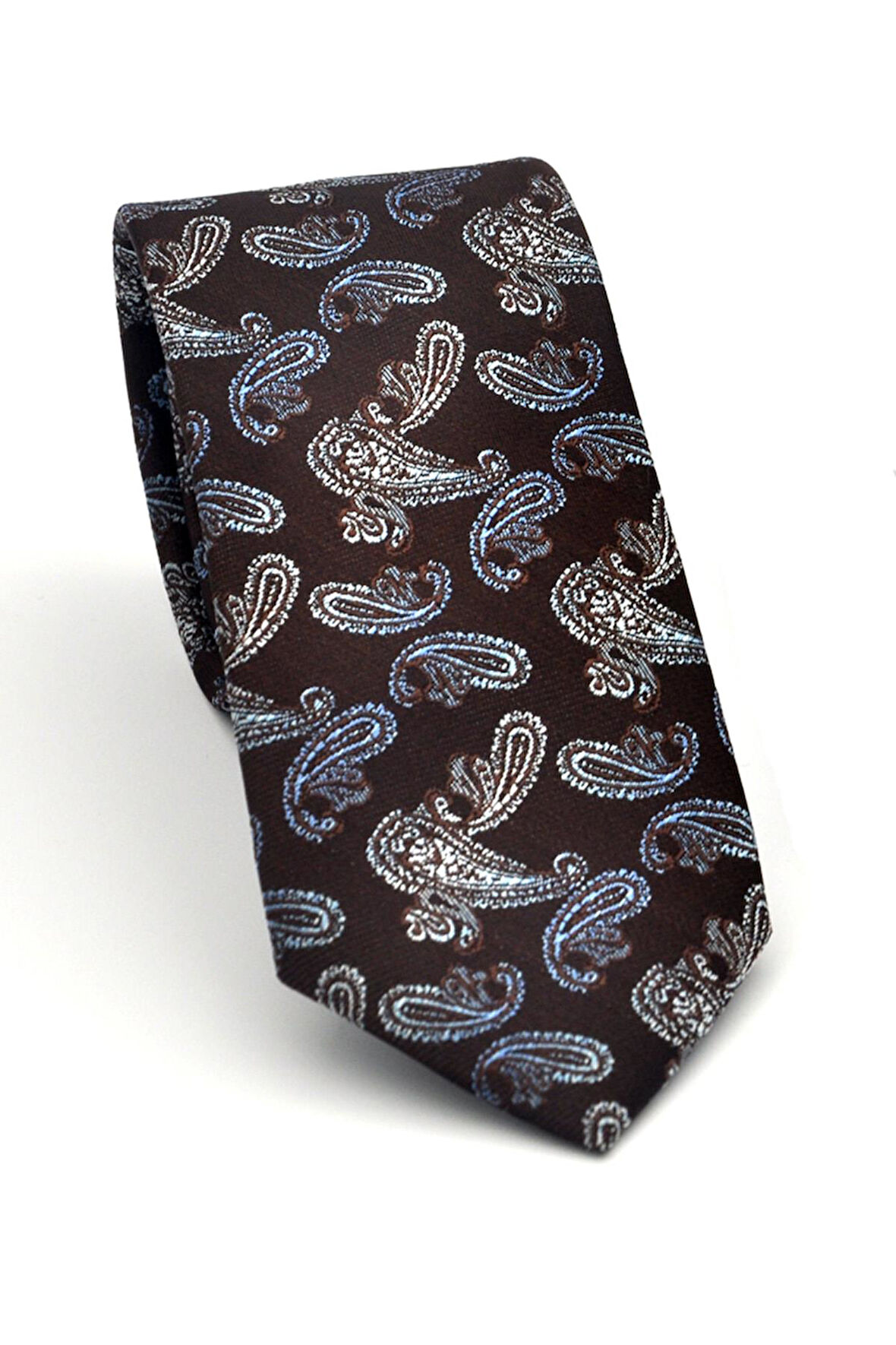 Mavi Şal Desenli Kahverengi Dokuma Kumaş Mendilli Slim Fit Kravat // SDK-2507-5