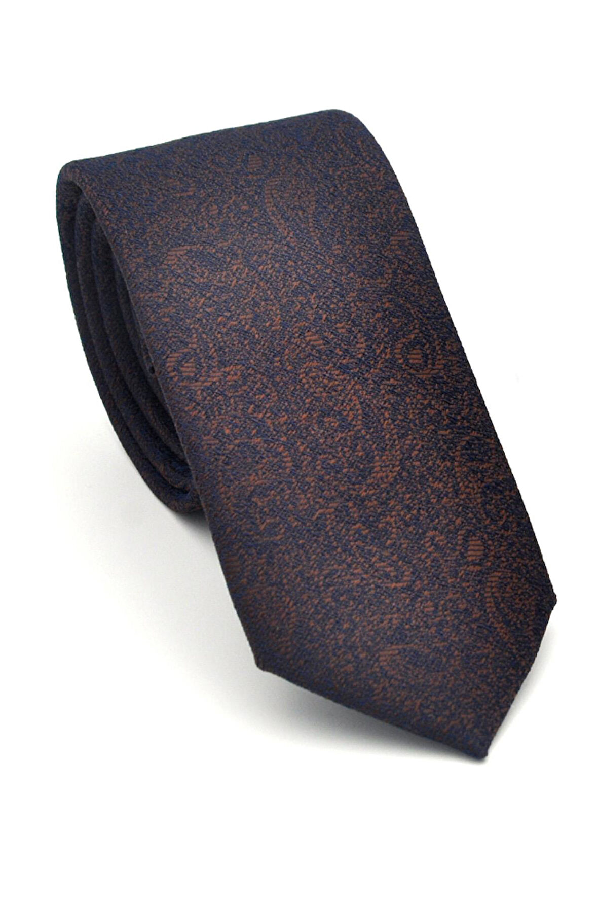 Şal Desenli Kahverengi Dokuma Kumaş Mendilli Slim Fit Kravat // SDK-2508-4
