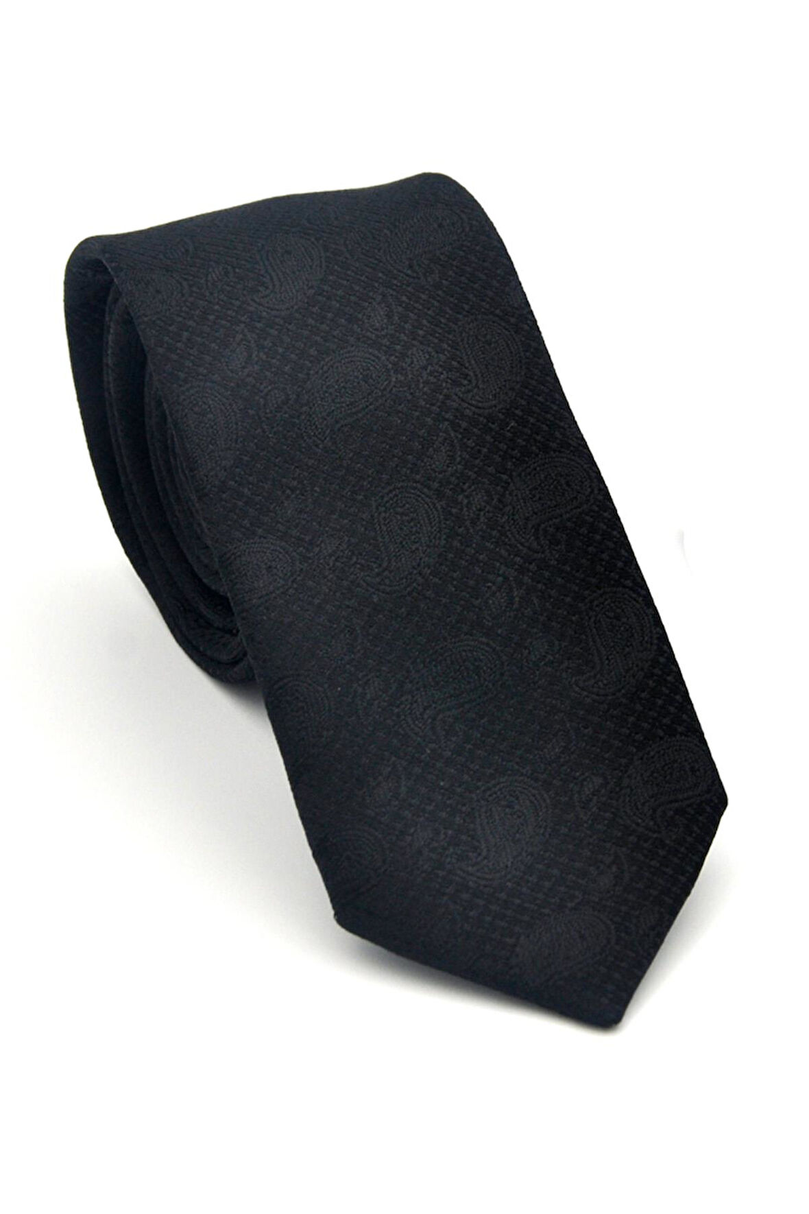 Şal Desenli Siyah Dokuma Kumaş Mendilli Slim Fit Kravat // SDK-2509-1