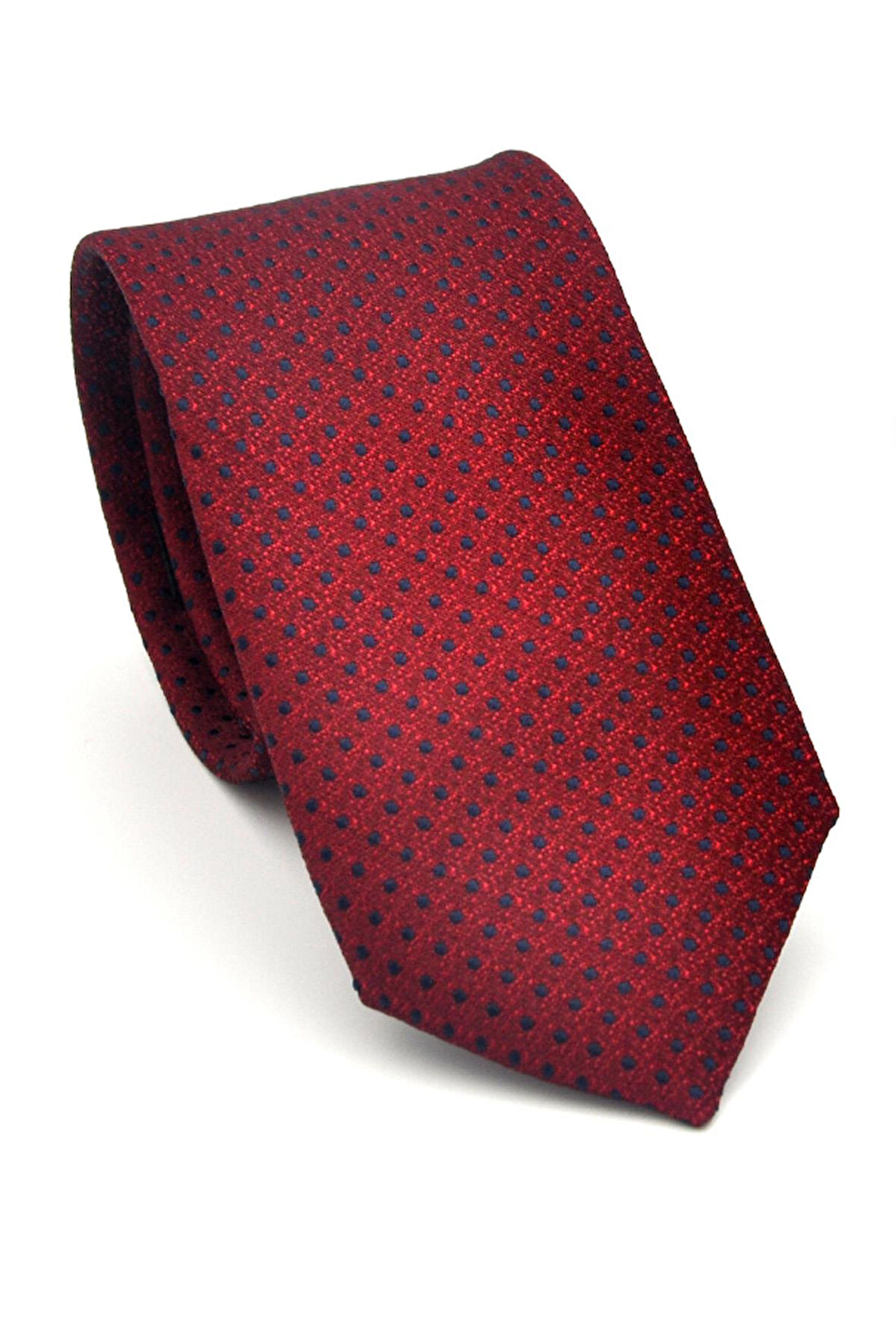 Lacivert Nokta Desenli Bordo Dokuma Kumaş Mendilli Slim Fit Kravat // SDK-2510-3