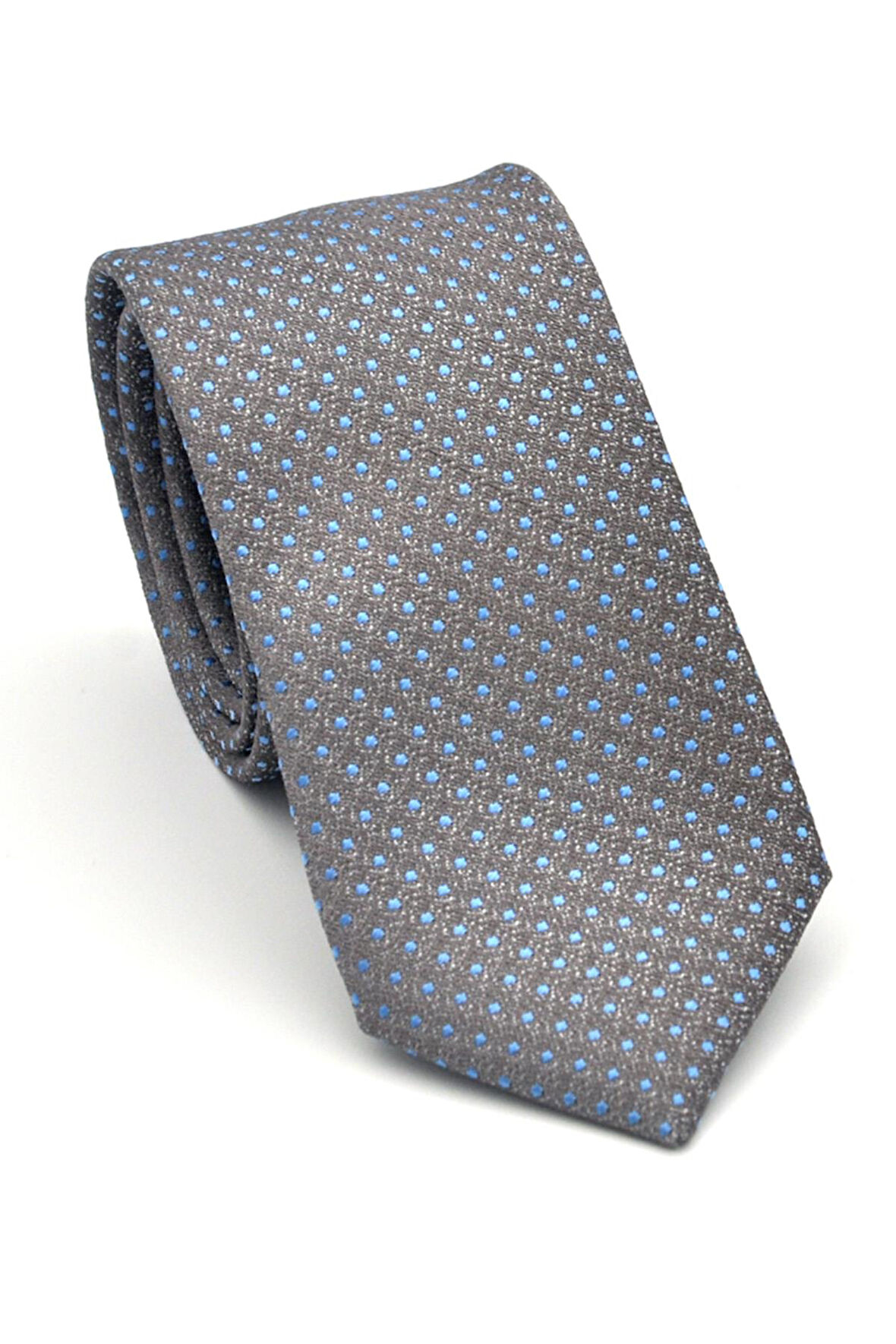 Mavi Nokta Desenli Gri Dokuma Kumaş Mendilli Slim Fit Kravat // SDK-2510-4