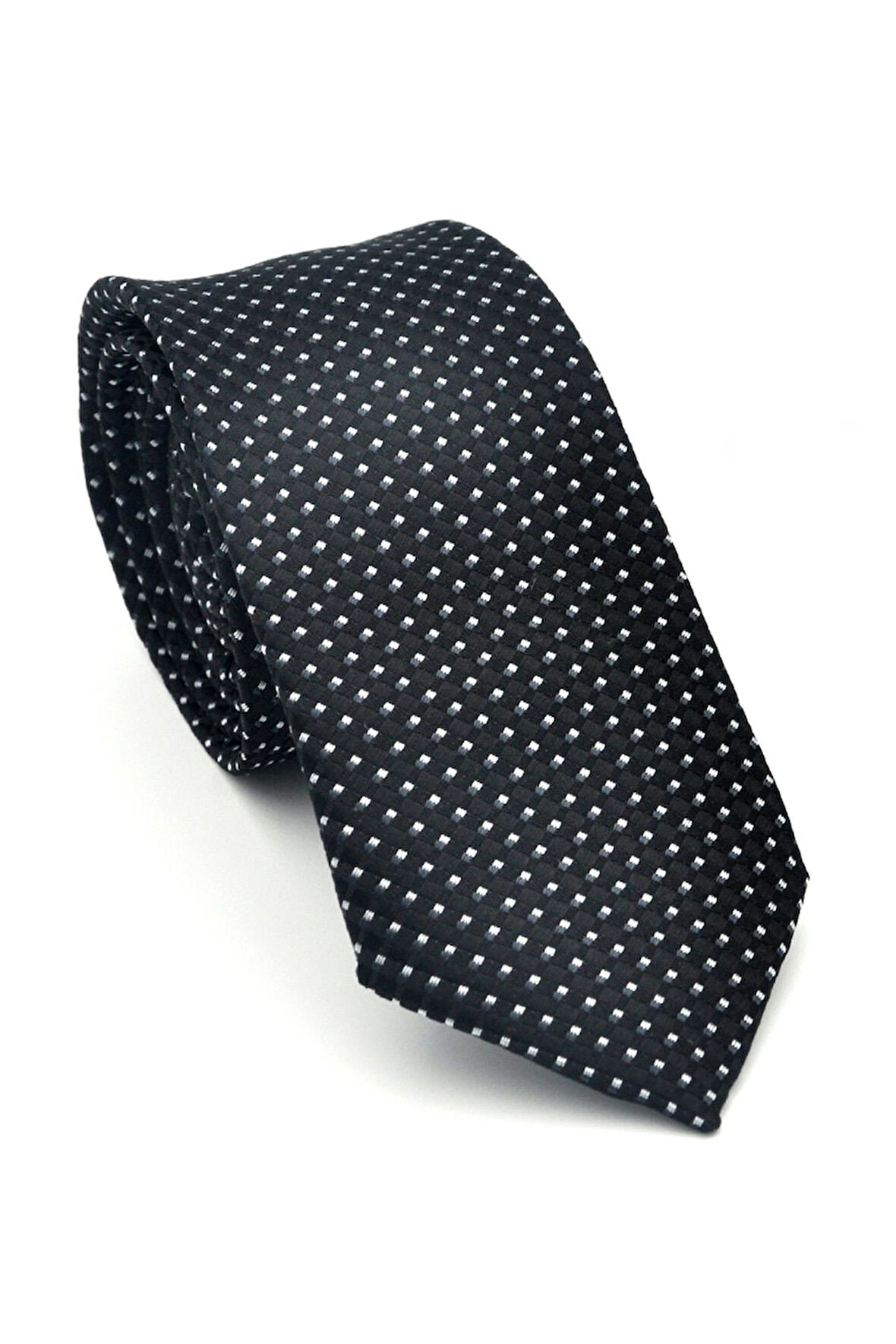 Beyaz Küçük Kare Desenli Siyah Dokuma Kumaş Mendilli Slim Fit Kravat // SDK-2511-1