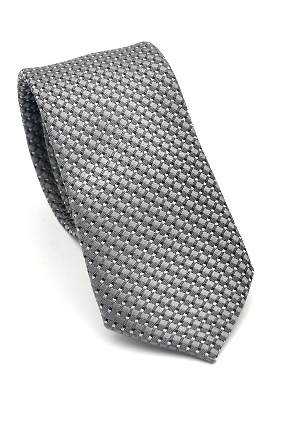 Beyaz Küçük Kare Desenli Gri Dokuma Kumaş Mendilli Slim Fit Kravat // SDK-2511-4