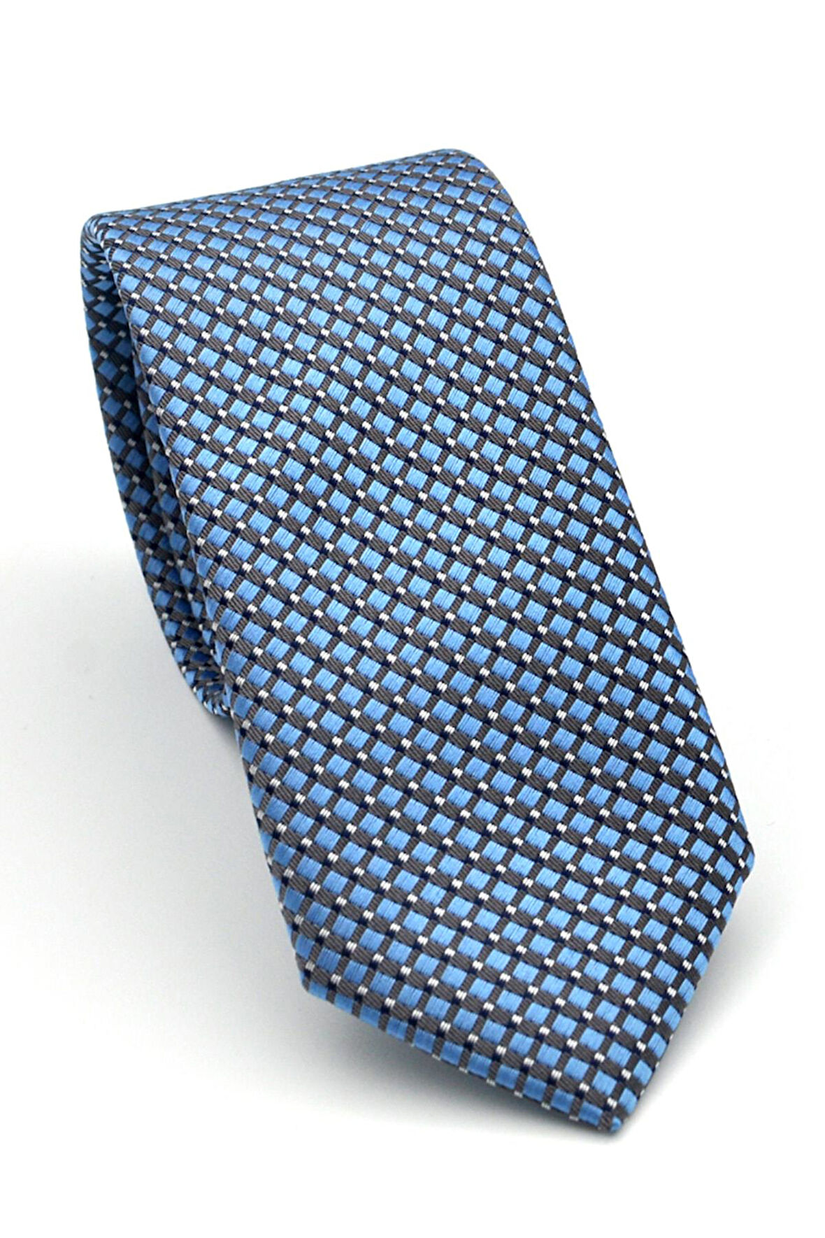 Beyaz Küçük Kare Desenli Mavi Dokuma Kumaş Mendilli Slim Fit Kravat // SDK-2511-5