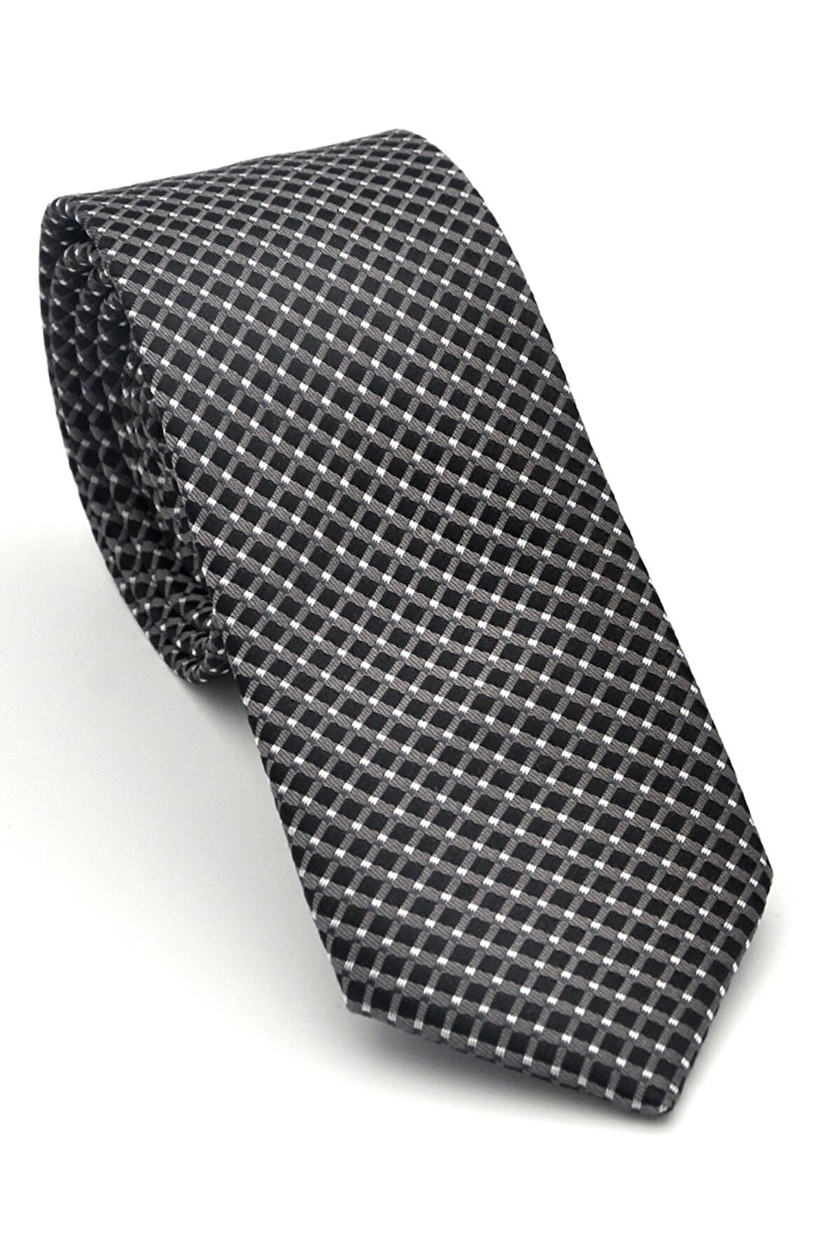 Beyaz Küçük Kare Desenli Füme Dokuma Kumaş Mendilli Slim Fit Kravat // SDK-2511-6