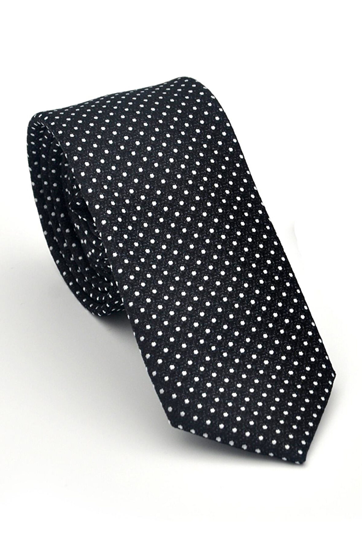 Beyaz Nokta Desenli Siyah Dokuma Kumaş Mendilli Slim Fit Kravat // SDK-2510-1