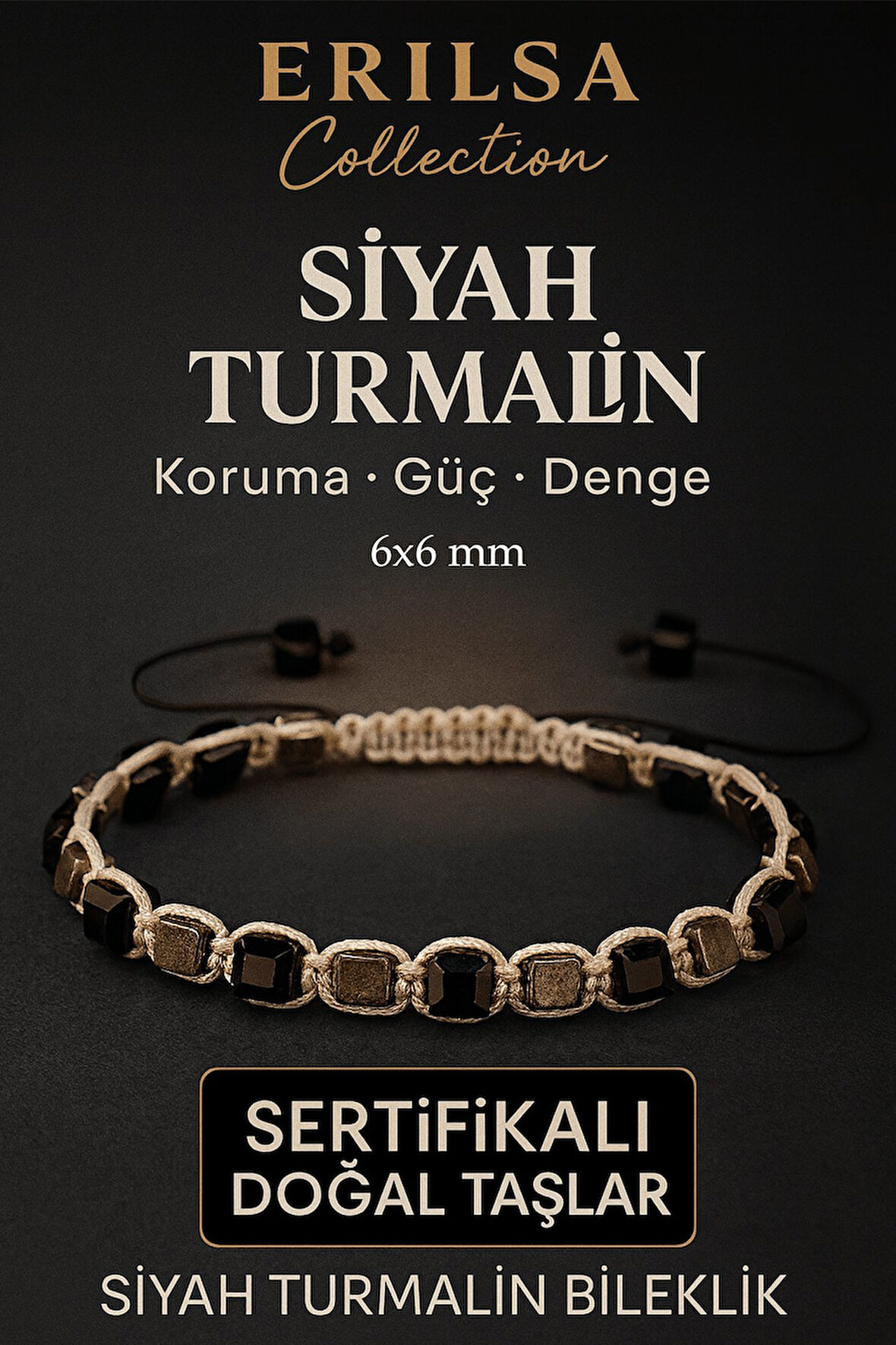 Sertifikalı Doğal Terahertz - Siyah Turmalin Taşı Bileklik 6x6 mm - Koruma ve Denge Taşı