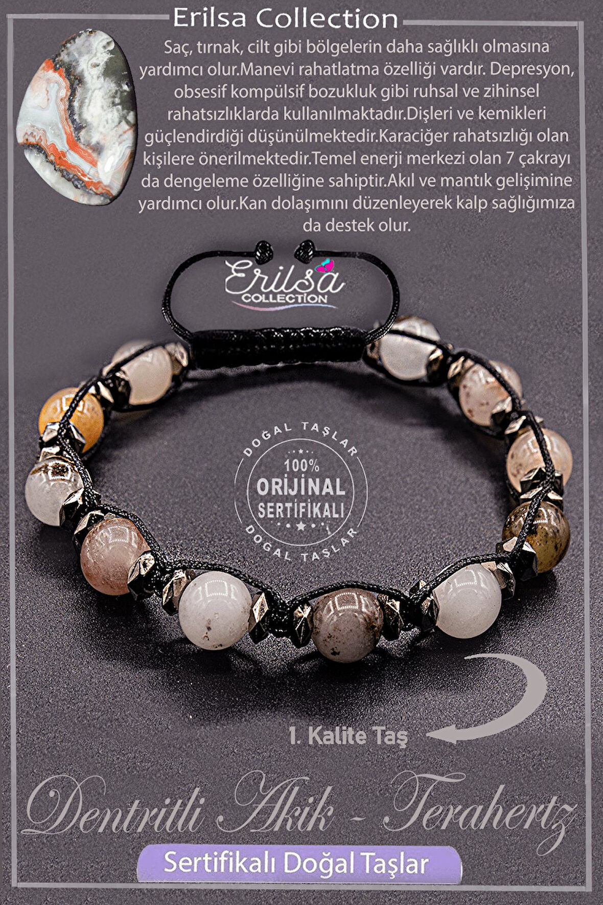 Sertifikalı AAA+ Kalite Gerçek Terahertz - Dentritli Akik Taşı Bileklik