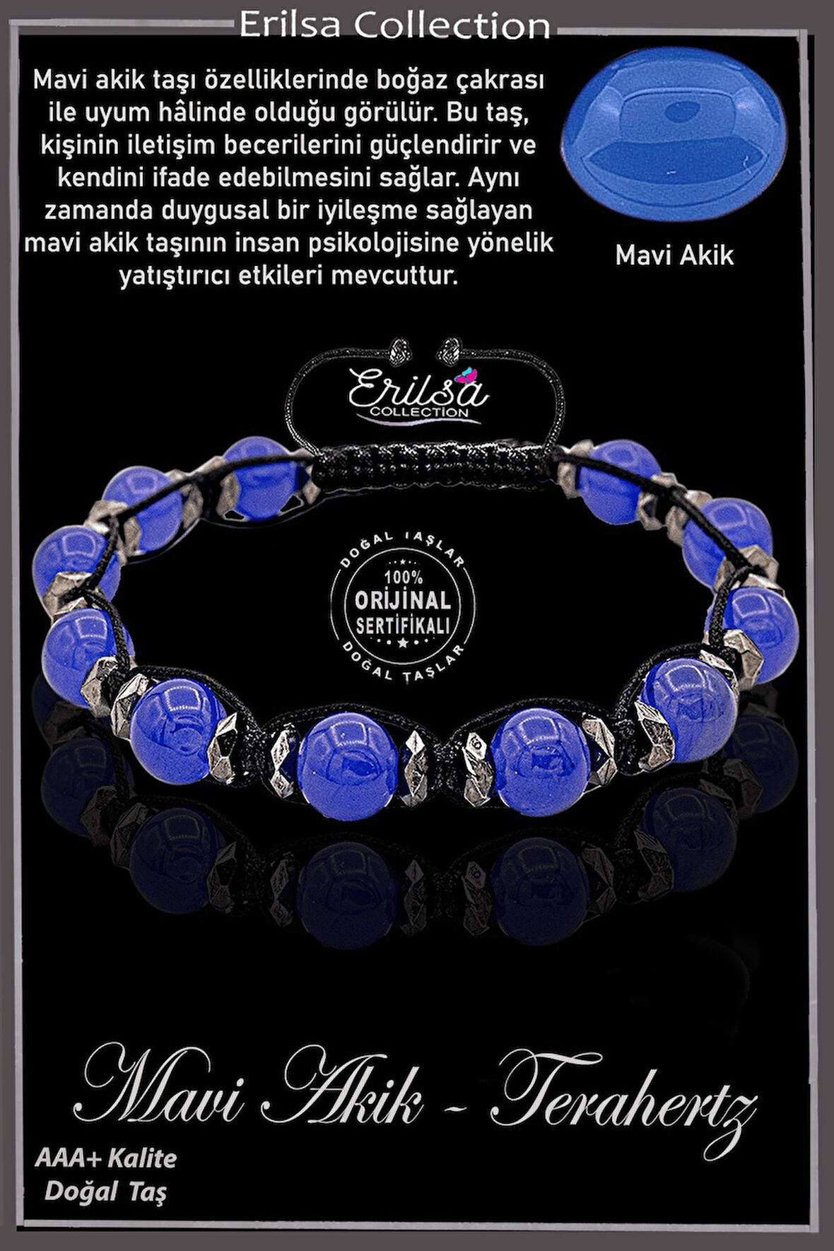 Sertifikalı Gerçek AAA+ Terahertz - İspirto Mavisi Akik Taşı Bileklik- Ayarlamalı