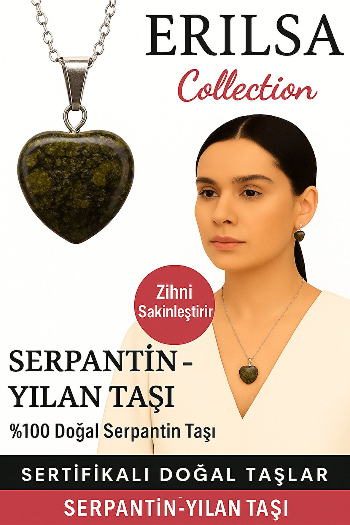 Sertifikalı Kalp Model Serpantin Yılan Doğal Taş Kolye – Zihni Sakinleştiren Denge ve Koruma Taşı