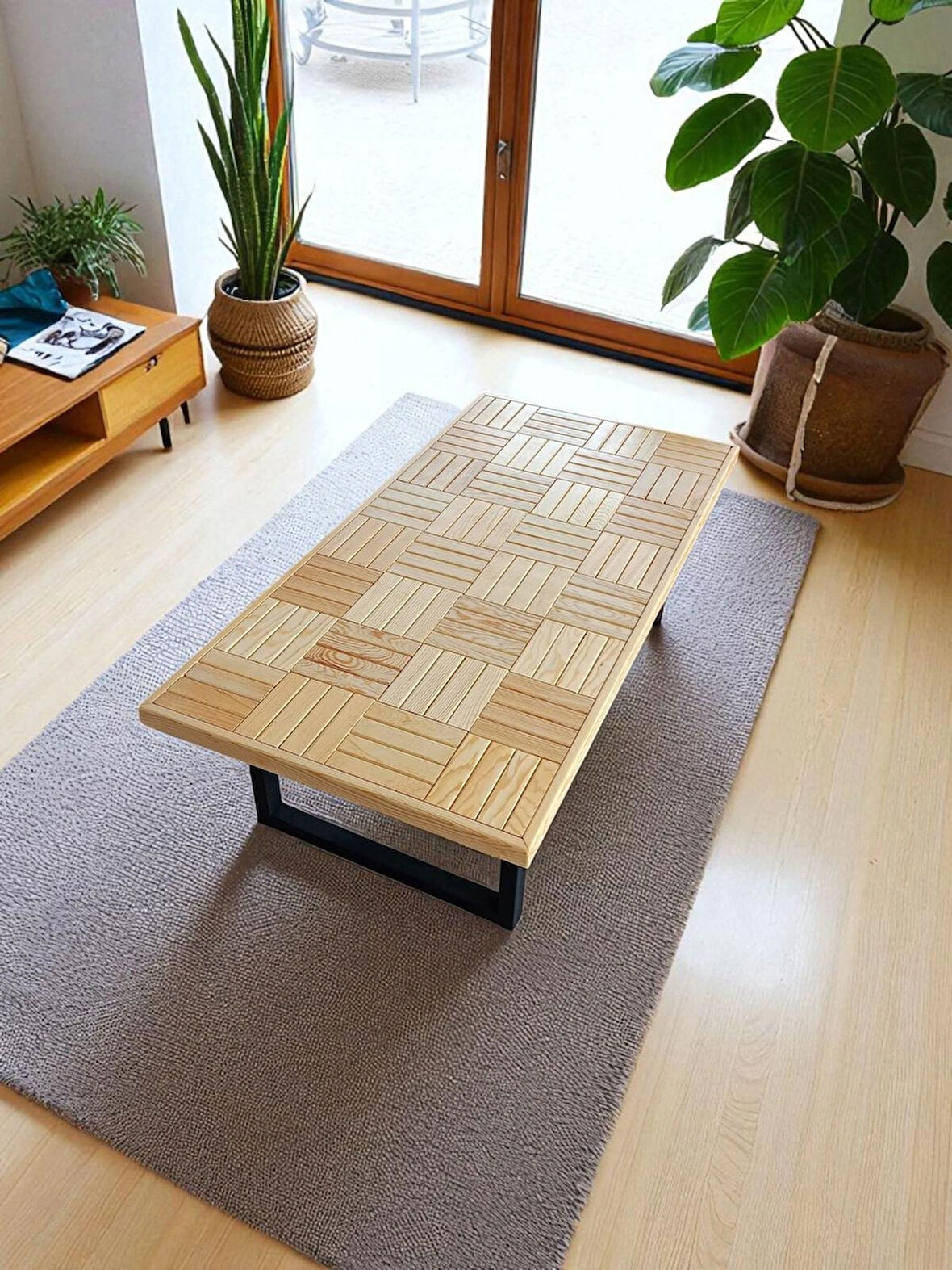 Ahşap vernikli Orta sehpa ahşap 120 X 60 cm çay kahve ofis salon sehpası metal ayak