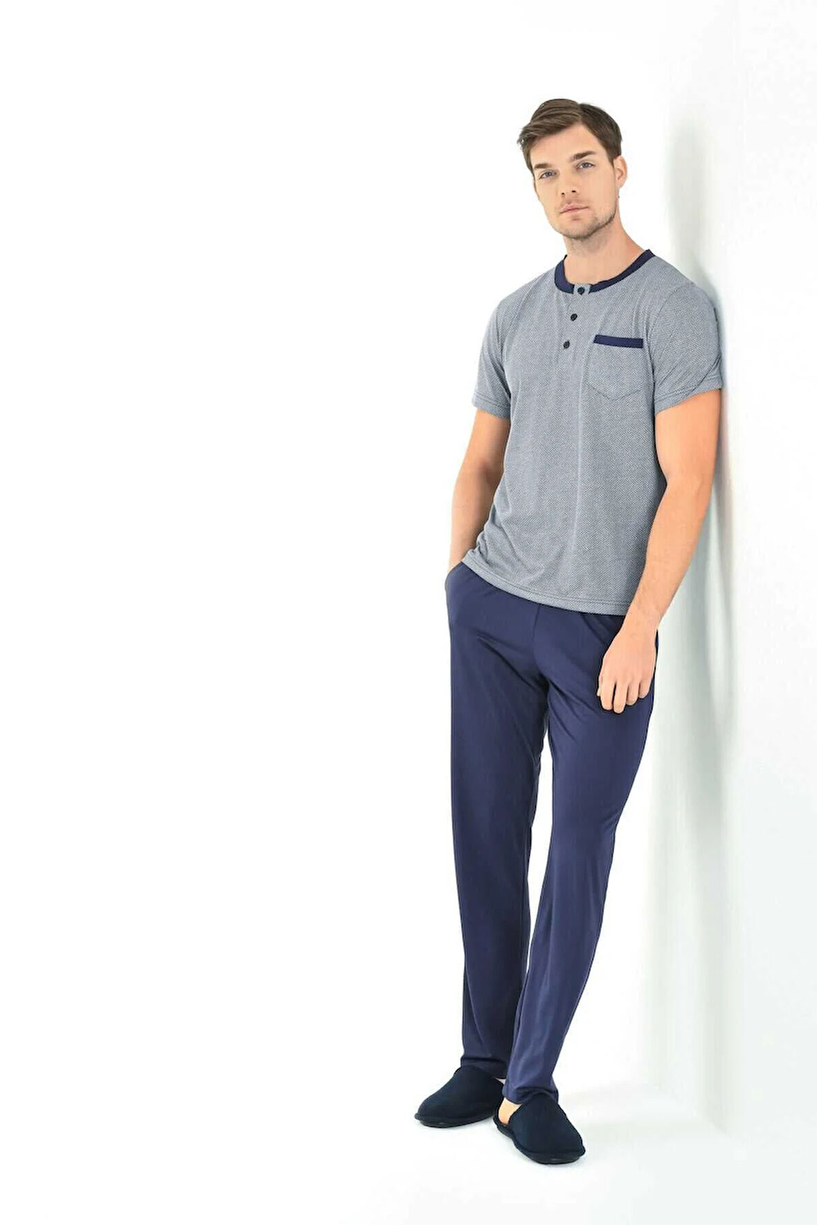 LACİVERT DESENLİ 3'LÜ ERKEK PİJAMA TAKIMI