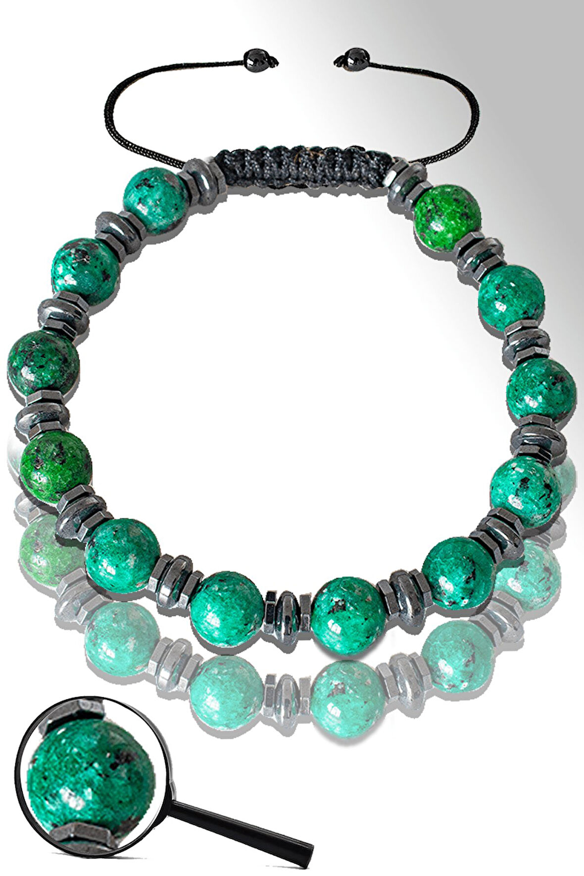 Sertifikalı Silver Hematitli Mavi Yeşim Taşı Bileklik - Ayarlamalı