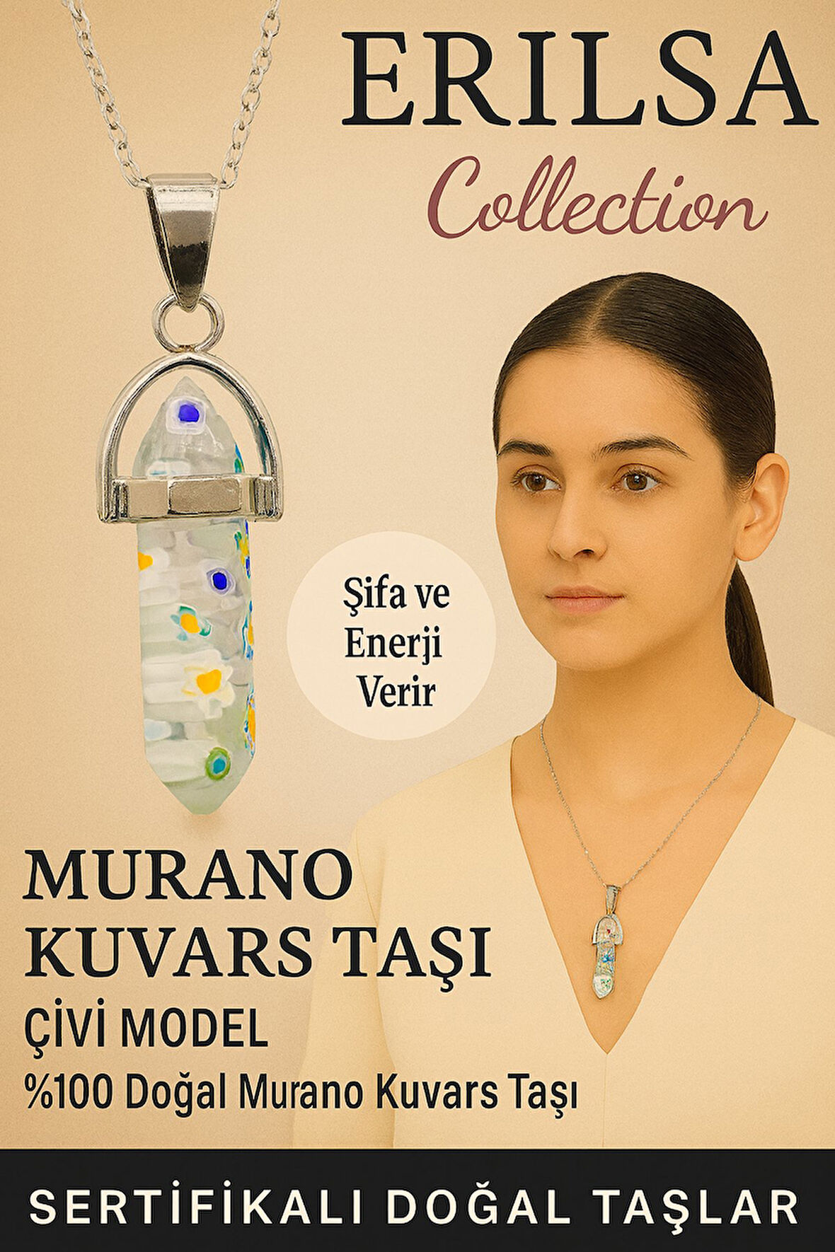 Sertifikalı Çivi Model Beyaz Murano Kuvars Doğal Taş Kolye – Mutluluk Enerji Şıklık ve Huzur Taşı